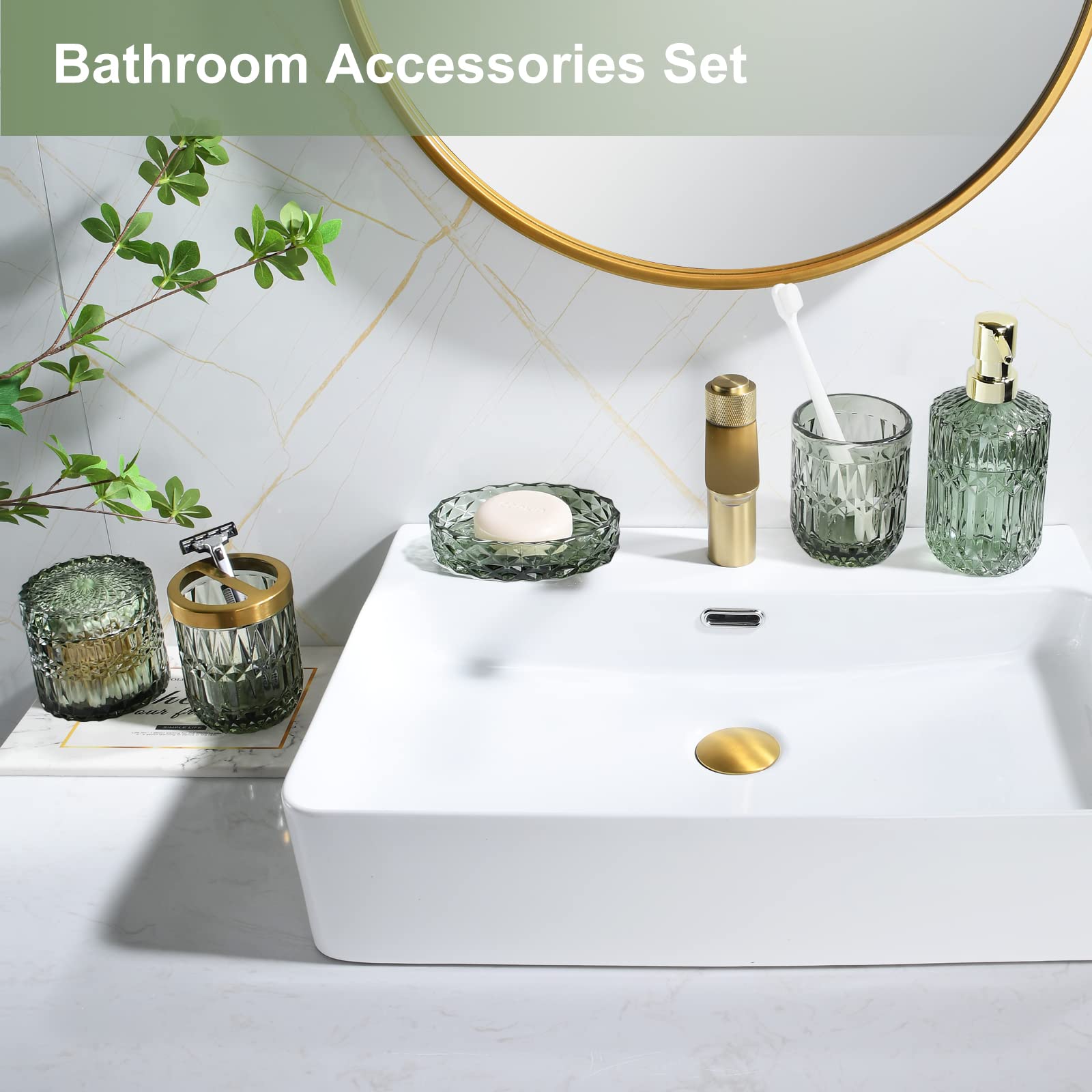 Lamarriti Green Bathroom Accessories Set, 5Pcs Clear Glass Bathroom Accessories, Vanity Bathroom Decor, Hand Soap Dispenser, Soa