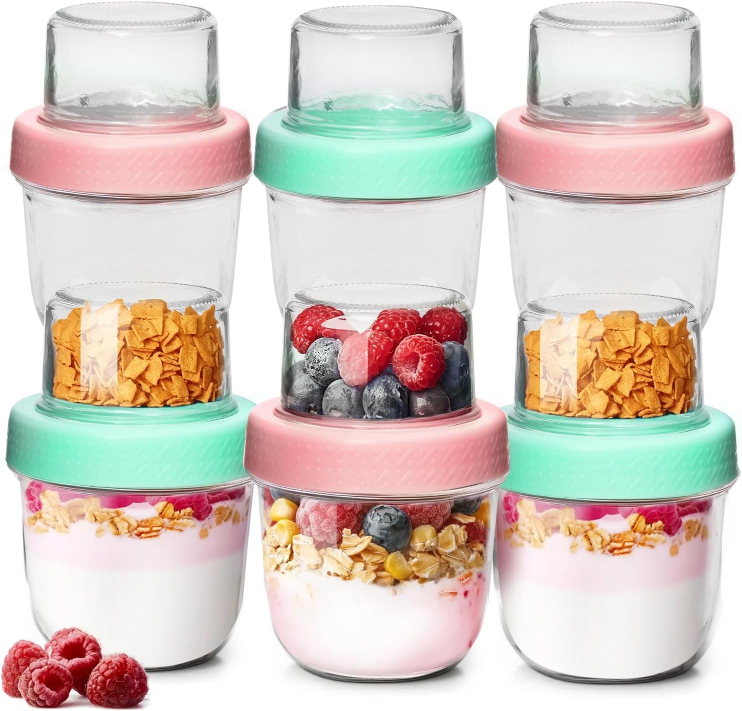 ComSaf Overnight Oats Containers with Lids (8oz+4oz, 6Pcs), Glass Yogurt Parfait Cups for Cereal Nut Fruit, Dual-Layer Chia Pudd