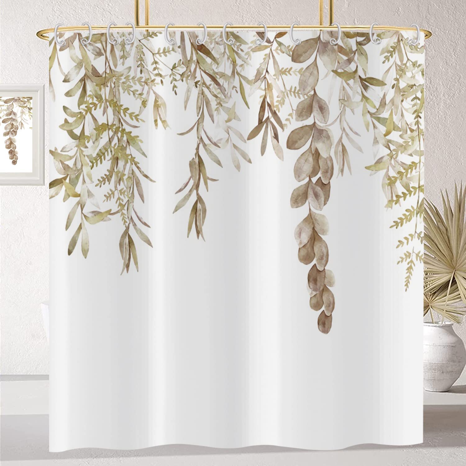 Gcirec Botanical Shower Curtains (72'' X 72''), Watercolor Autumn Eucalyptus Leaf Plant Tan Bathroom Curtain For Bathtub Home De