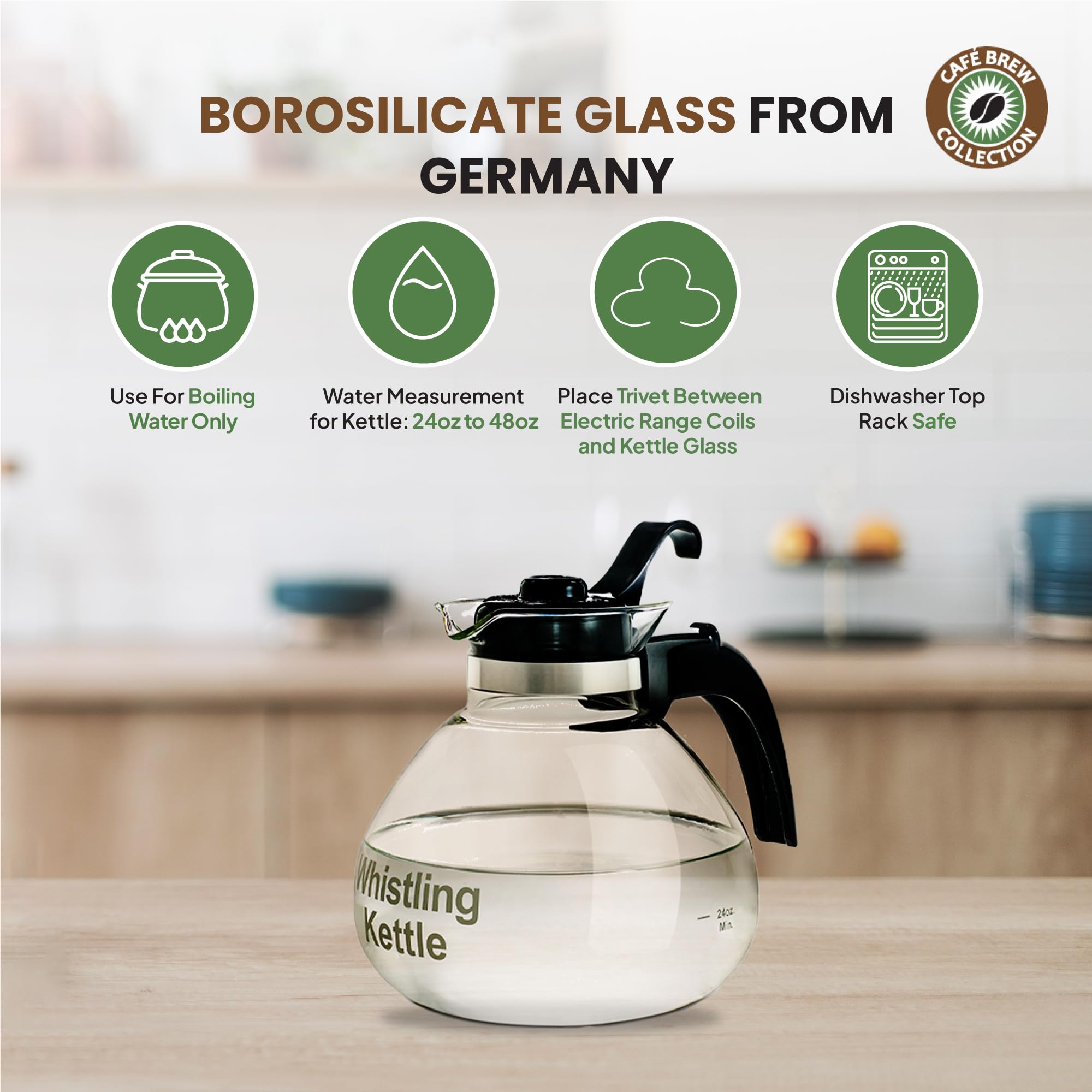 Borosilicate Glass Stove Top Whistling Tea Kettle - 12 Cup/48Oz Capacity - Bpa-Free - German Made Glass Kettle For Gas, Electric