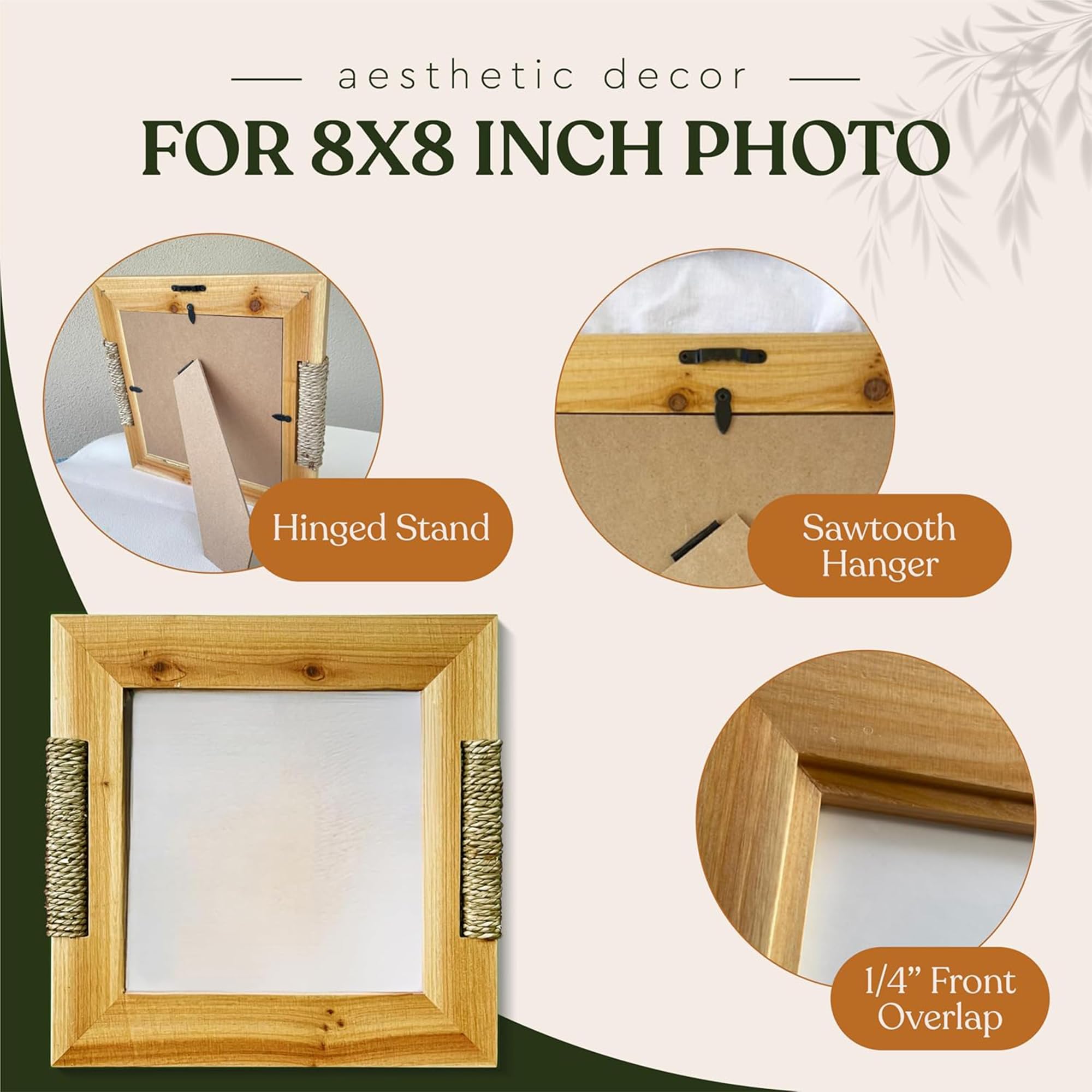 Fairwood Way - Rattan and Wood Picture Frame for 8x8 Inch Photo or Artwork - Boho, Coastal, or Beach Photo Frame, Wooden Decorat