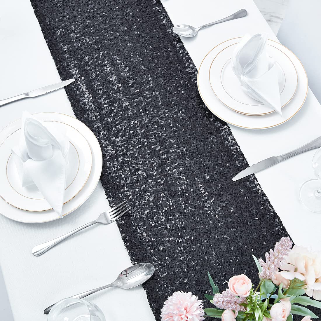 2 Packs 12 X 72 Inches Black Sequin Table Runner, Glitter Runner For Birthday Party Supplies Decorations Wedding Bachelorette Ho