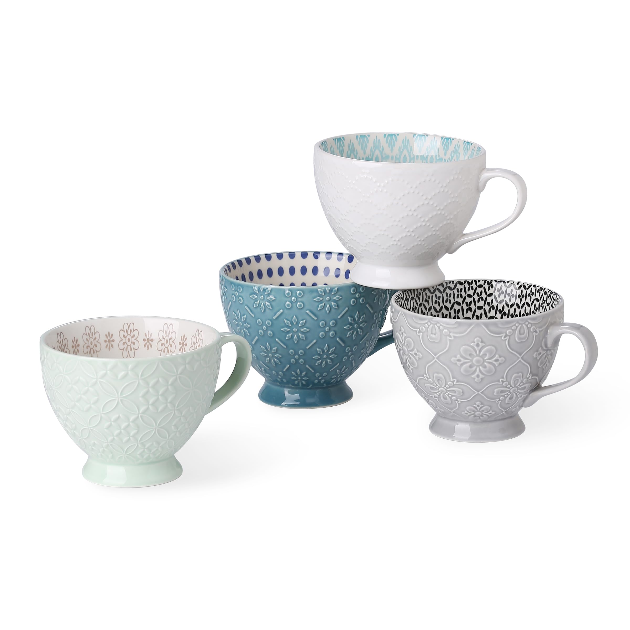 SIGNATURE HOUSEWARES Pad Print Set of 4 Assorted Footed 14oz Mugs, PP13 Multicolor