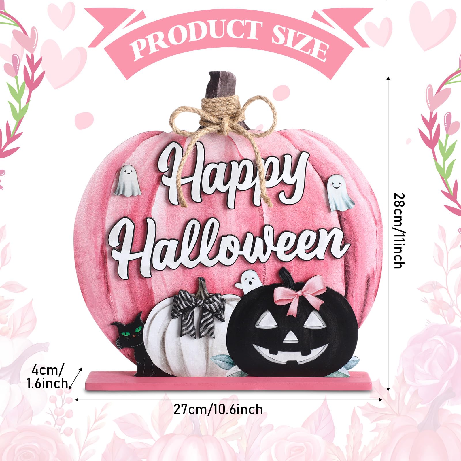 Soaoo Halloween Decoration Wooden Pink Pumpkin Sign Scary Pumpkin Table Decor 11 Inch Wooden Happy Halloween Desktop Ornament fo
