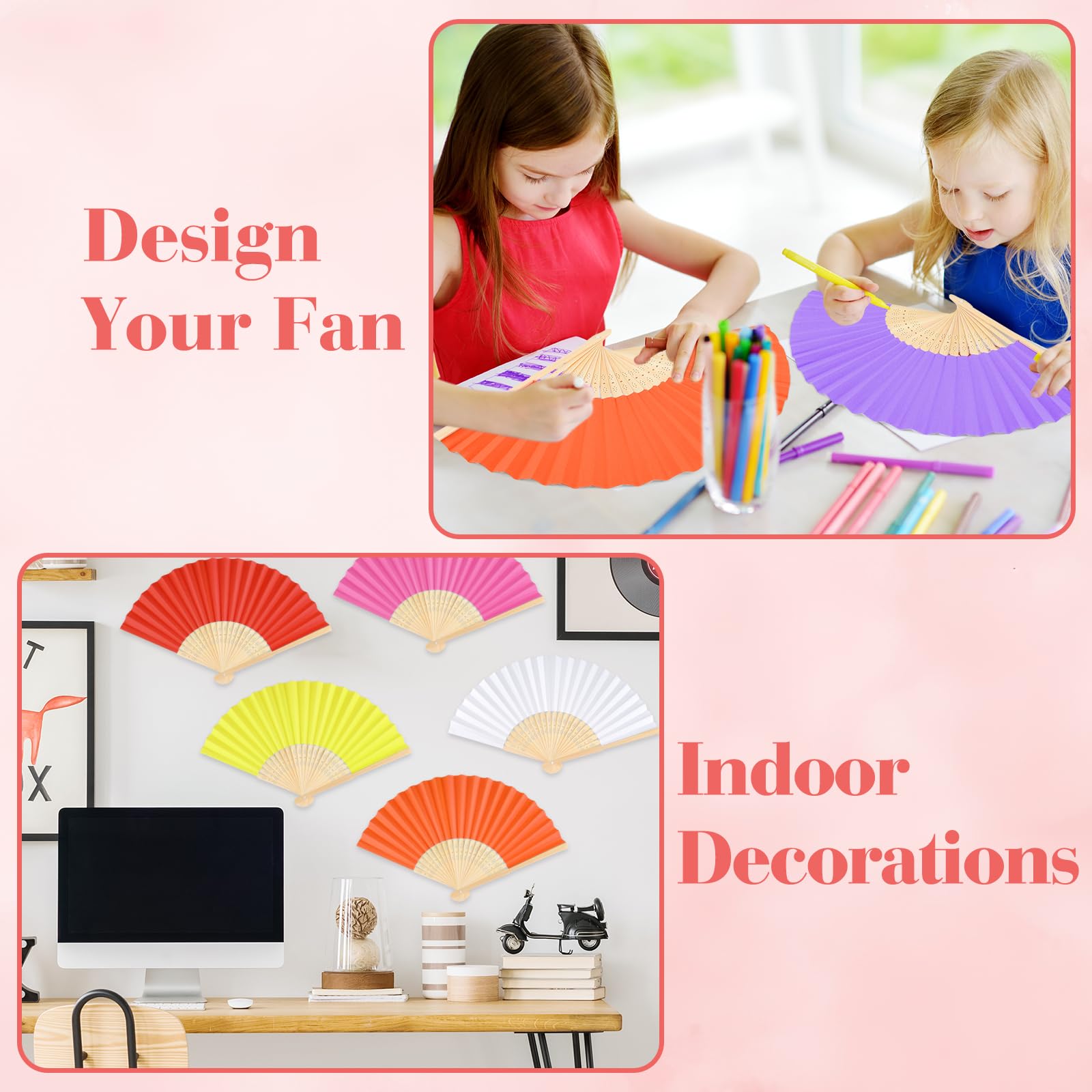 BOUBONI 12 Pieces Hand Held Bamboo Folding Fans Paper Fans Handheld for Women Foldable Girls Wedding Decoration Church Home Part