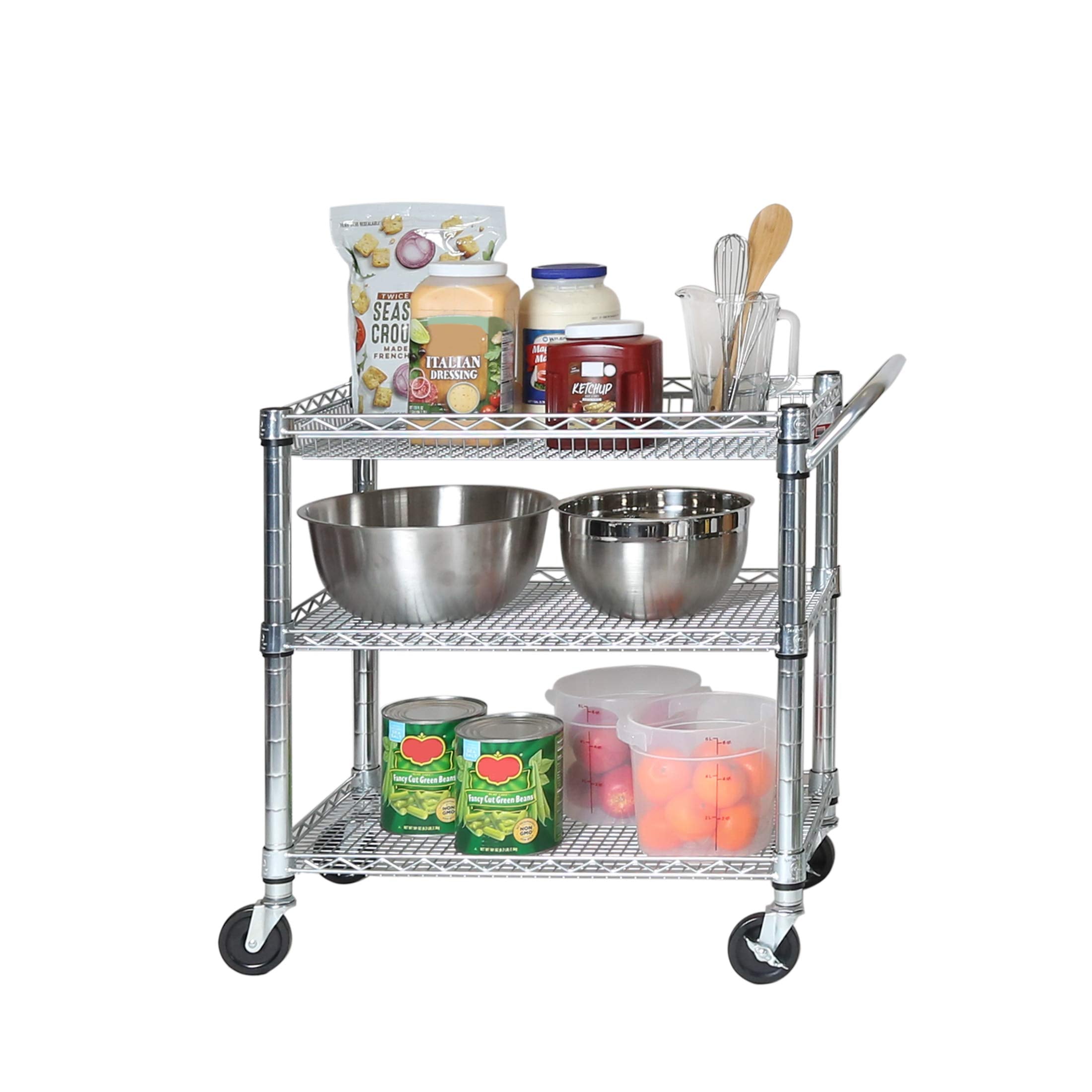 Seville Classics Ultradurable Nsf Commercial Heavy Duty Metal Rolling Utility Cart, W/ Steel Shelves, Handle Bar For Restaurant,