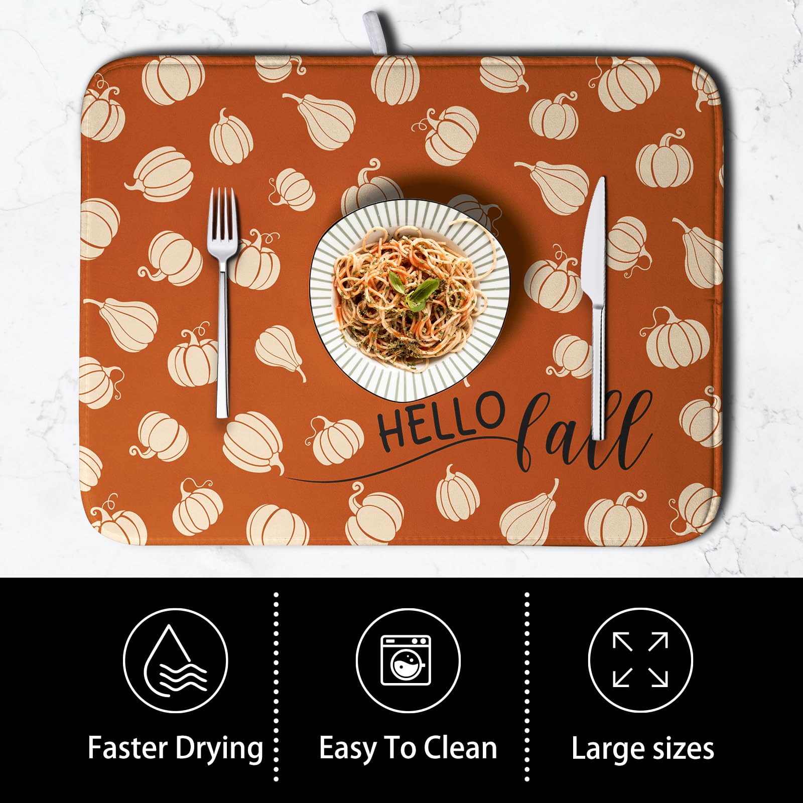 Kwlegh Hello Fall Drying Mat for Kitchen Counter Autumn Orange Pumpkin Dry Dish Mat Thanksgiving Absorbent Microfiber Dish Drain