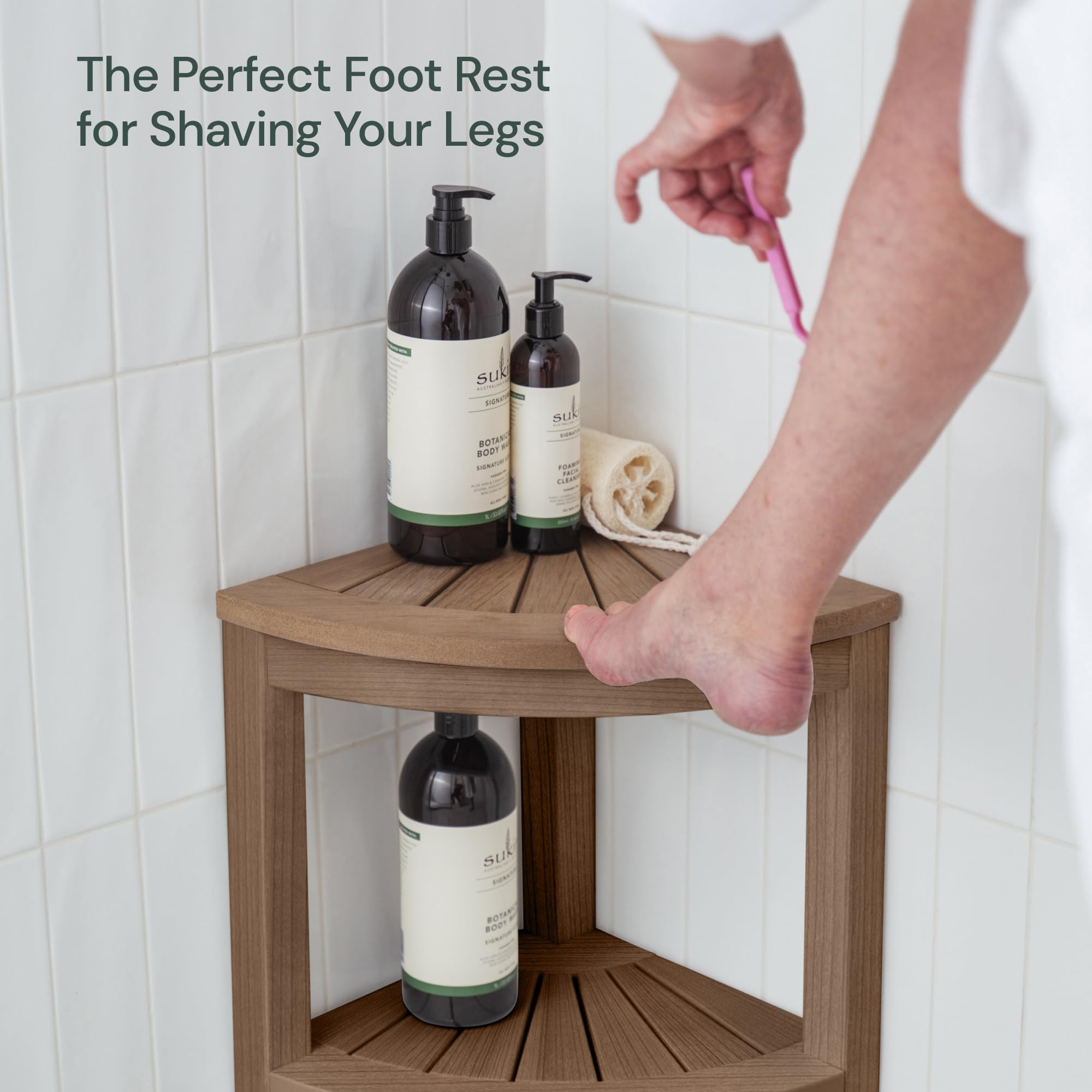 Rohkex Corner Shower Stool - Teak Shower Bench & Foot Rest - Waterproof, Adjustable, Non-Slip For Shaving Legs - Inside Shower S