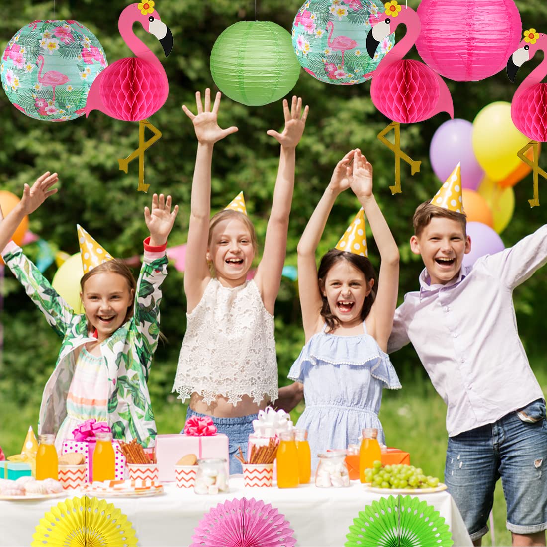 Zilue Flamingo Party Decorations, Hawaiian Party Supplies Flamingo Palm Leaves Hibiscus Flowers Paper Lanterns Flamingo Honeycom