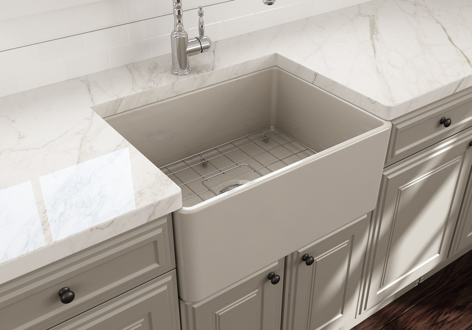 Bocchi Classico Farmhouse Apron Front Fireclay 24 In. Single Bowl Kitchen Sink With Protective Bottom Grid And Strainer In Biscu