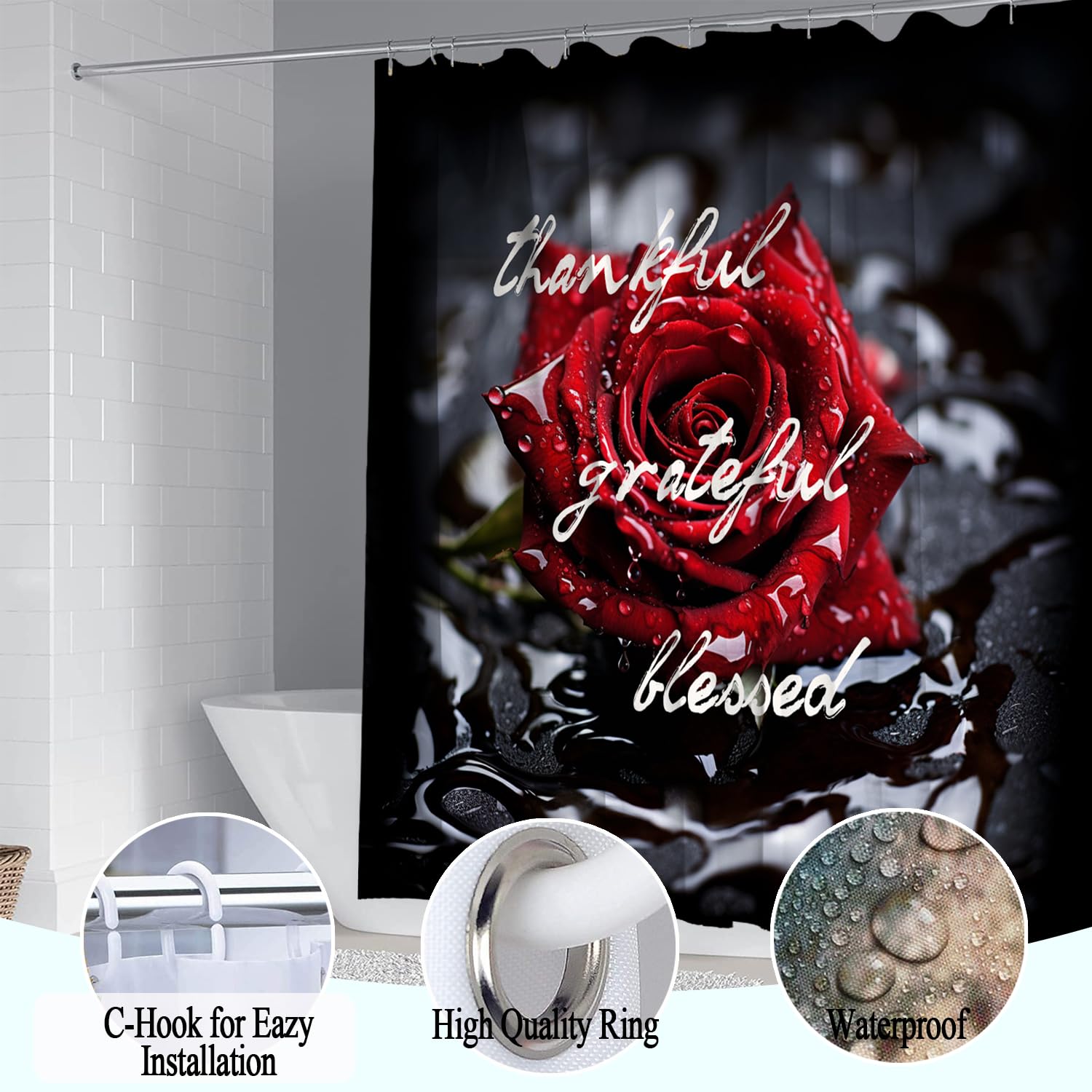 Omebero 4Pcs Romantic Red Rose Bathroom Shower Curtain Sets, Waterproof Fabric Black Bathroom Sets With Shower Curtain And Rugs