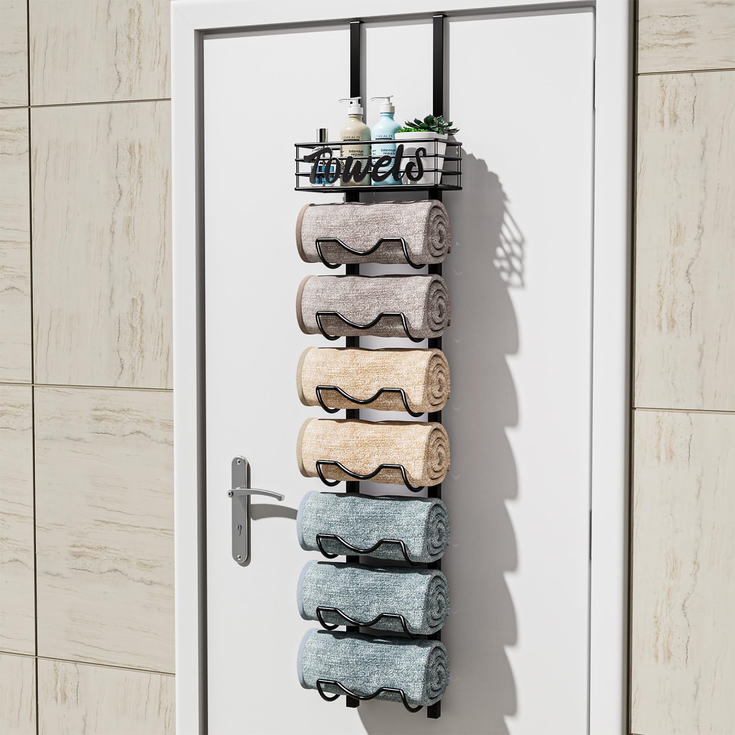 HapiRm Over Door Towel Rack - 8 Tier Over The Door Towel Racks for Bathroom, Wall Mounted Towel Holder with Metal Shelf, Rolled 