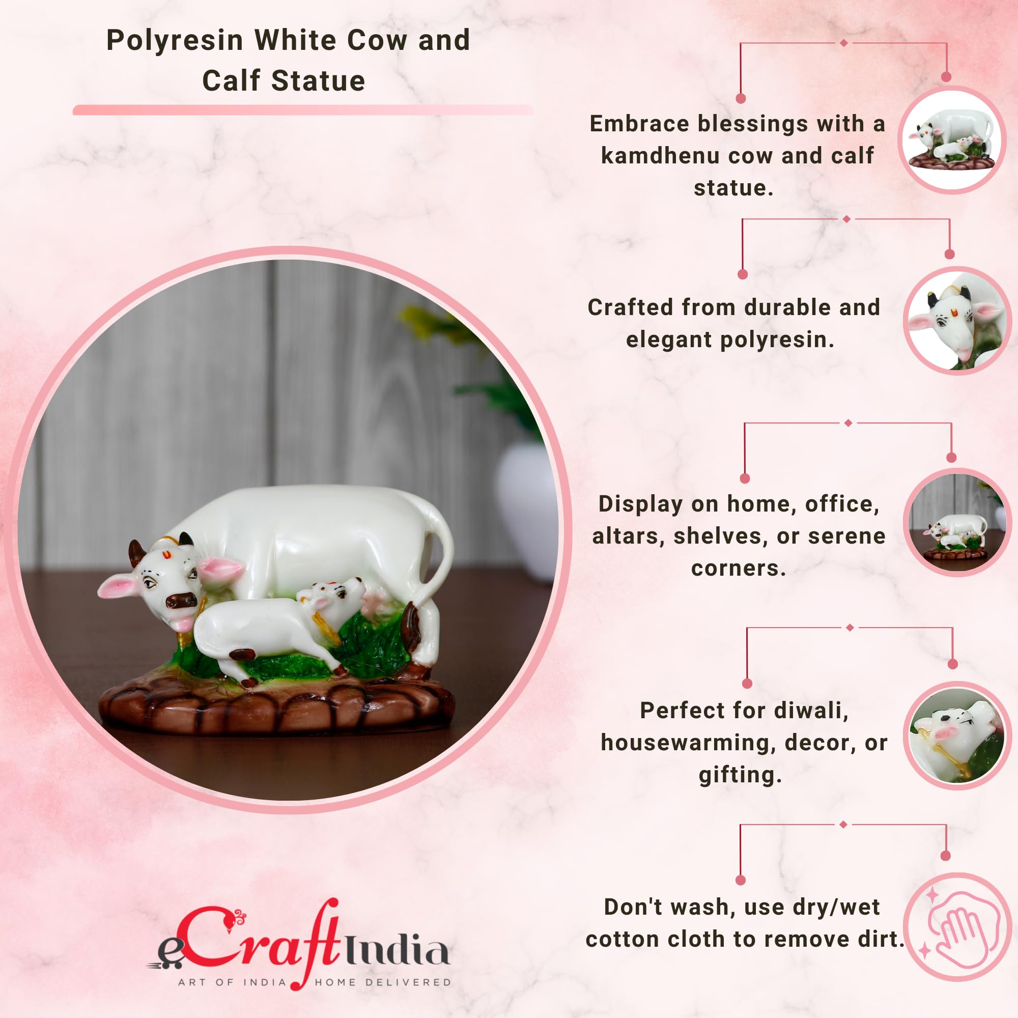 Ecraftindia Colorful Cow And Calf Statue Polyresin Statue (12.5 Cm X 7.5 Cm X 7.5 Cm, White And Green)