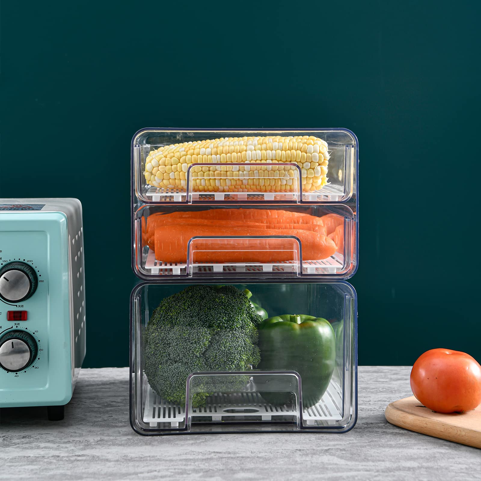 Bigtron Food Storage Double Layer Container With Lids Removable Drain Tray For Refrigerator, Food Fruit Vegetables,Fridge Organi