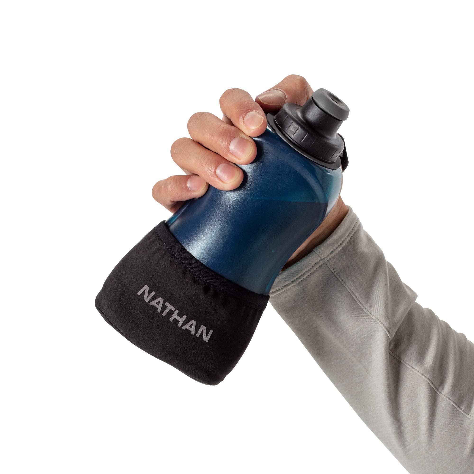 Nathan Running Handheld Hydration Bottle, 18oz Insulated, Black/Blue, Adjustable No-Grip Strap, Model NS40120-00030-18OZ