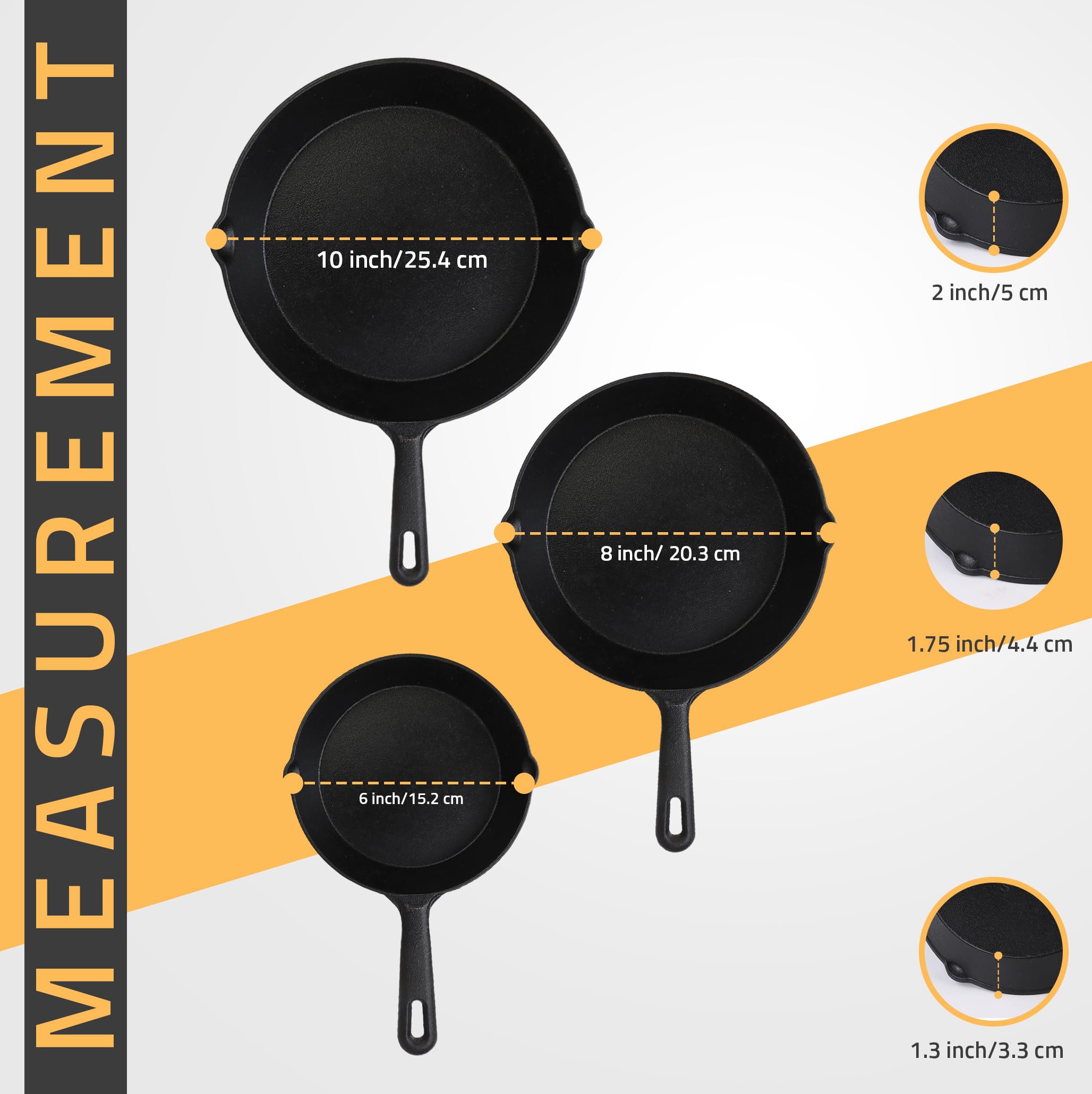 Utopia Kitchen Cast Iron Skillets Set - Pre-Seasoned 3-Piece (6, 8, 10 Inch) - Black - Oven, Stove, Grill, Campfire Safe