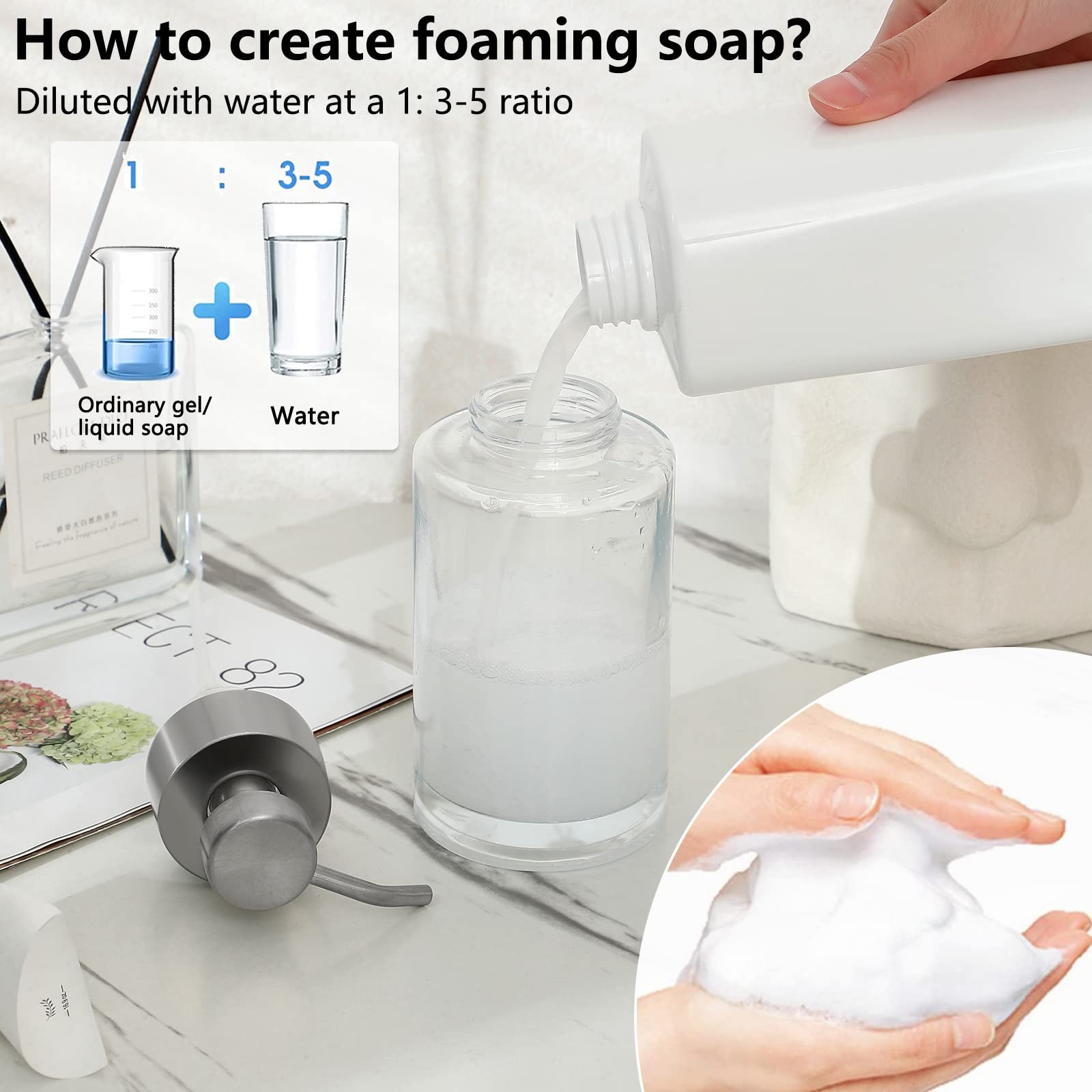 Foaming Soap Dispenser Set  17 Oz Clear Glass Hand Soap Dispenser with 304 Rust Proof Stainless Steel Pump  Waterproof Labels  for Bathroom Decor Kitchen College Dorm