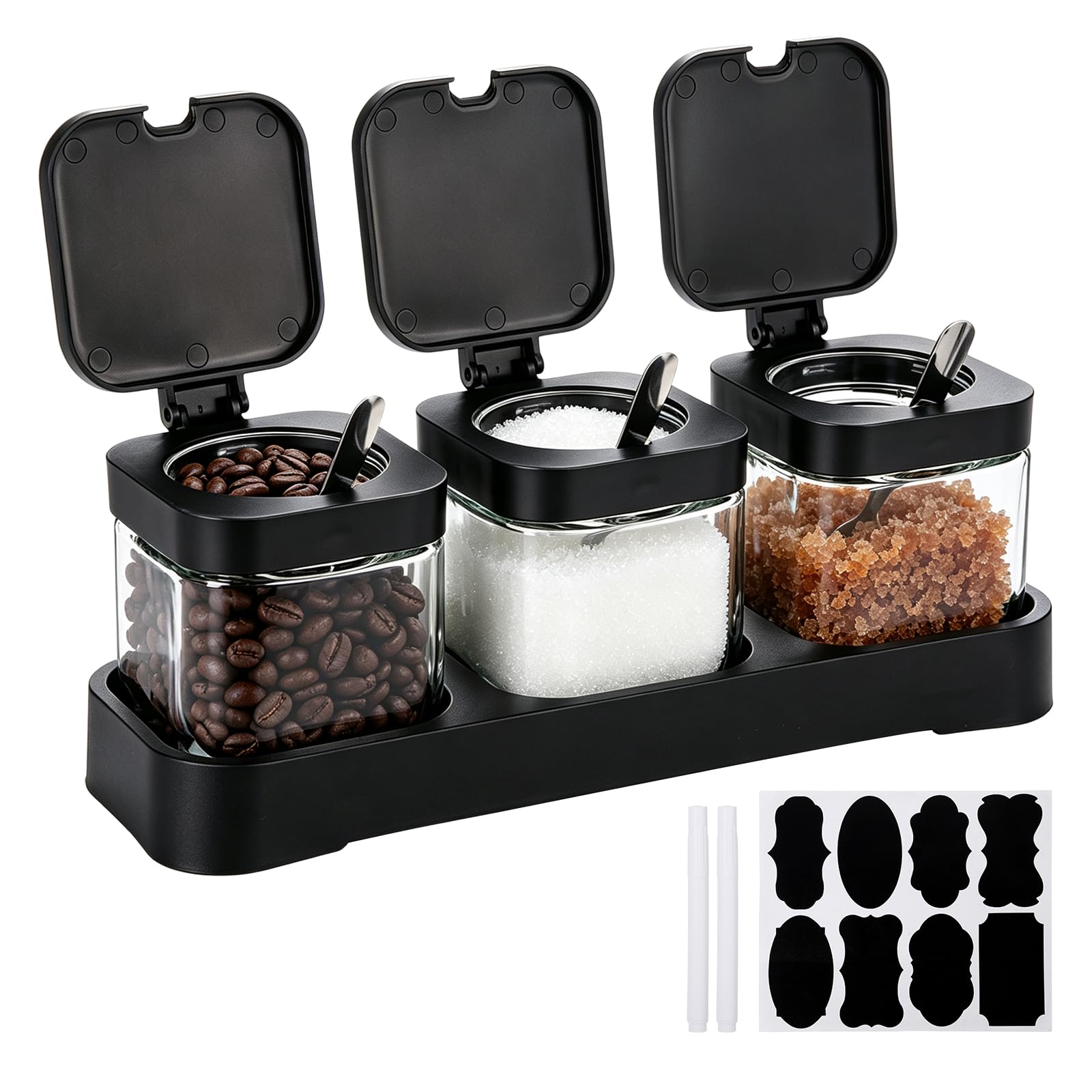 Wopgrty 3 Pack Airtight Glass Coffee Containers with Stainless Lids Condiment Jar Set with Base Scoopsand Label Stickers for Cof
