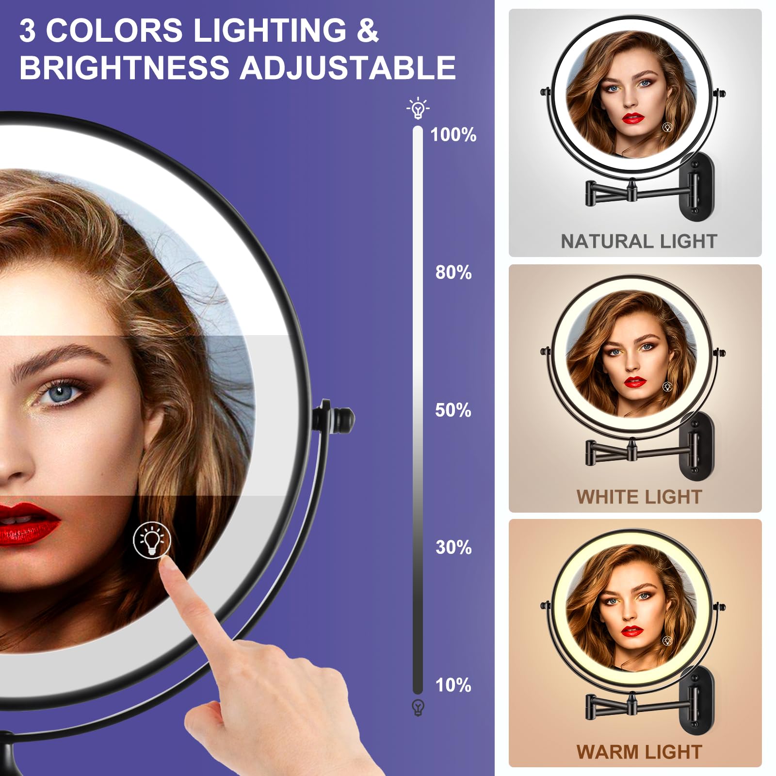 Rechargeable Wall Mounted Makeup Mirror, 8.5 Inch Double-Sided 1/10X Magnifying Bathroom Mirror With 3 Color Lights, Lighted Van