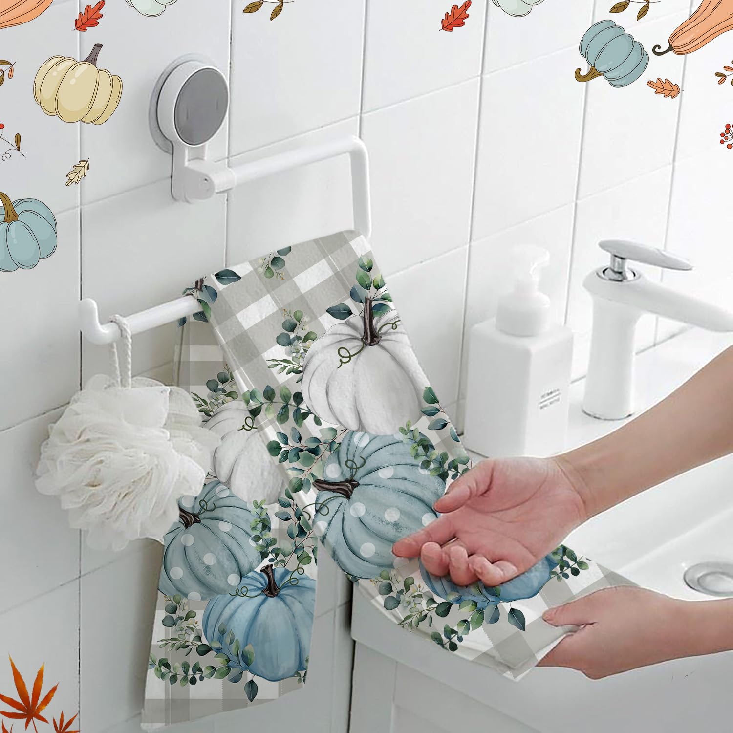 Antpfae Fall Hand Towels Set Of 2, Hello Pumpkin Blue Eucalyptus Leaves Bath Hand Towels For Bathroom Decorative Autumn Soft Abs