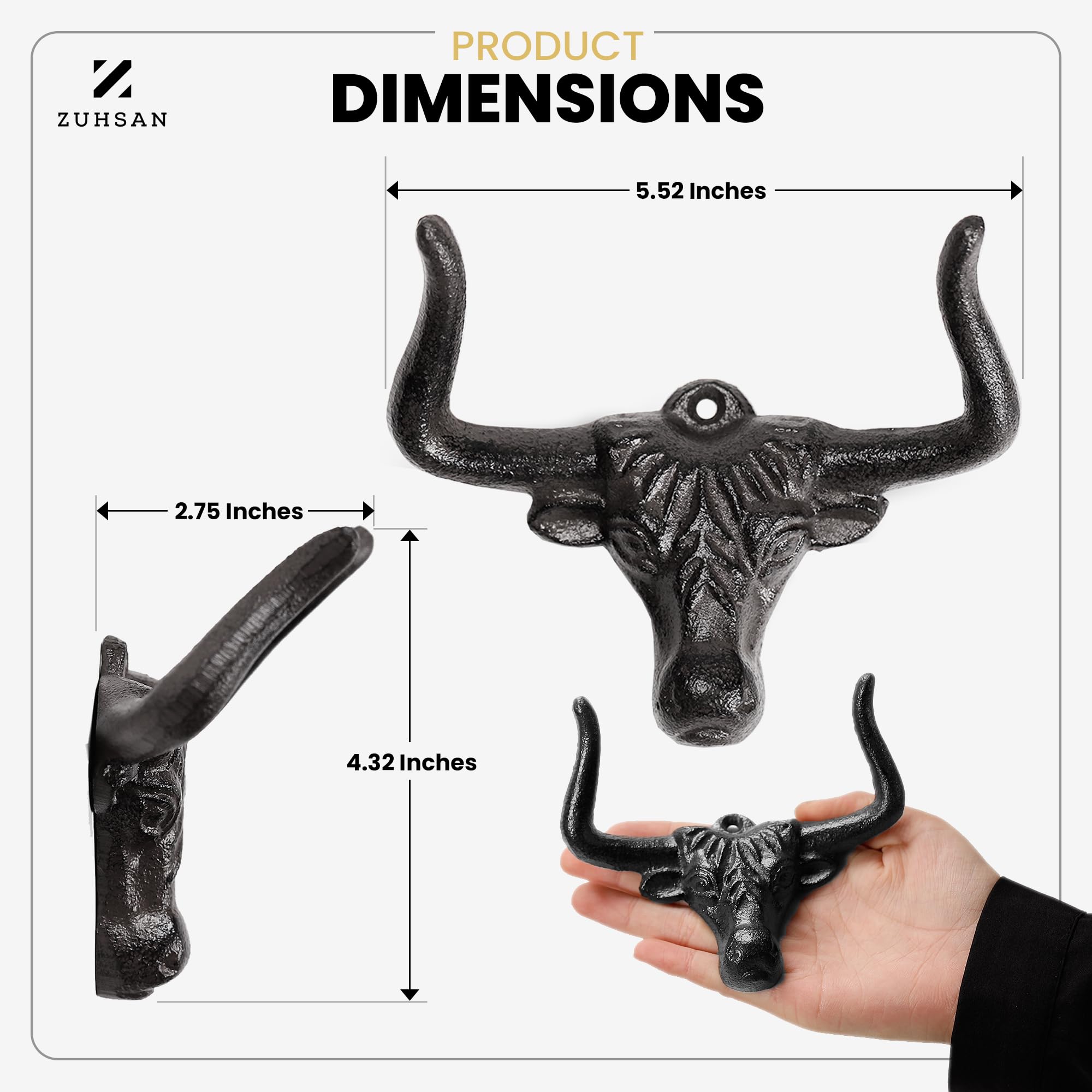 Zuhsan Cowboy Hat Hanger For Wall, Unique And Modern Metal Cowboy Hat Rack Cast Iron Cowgirl Hat Hanger Western Longhorn Hook Fo