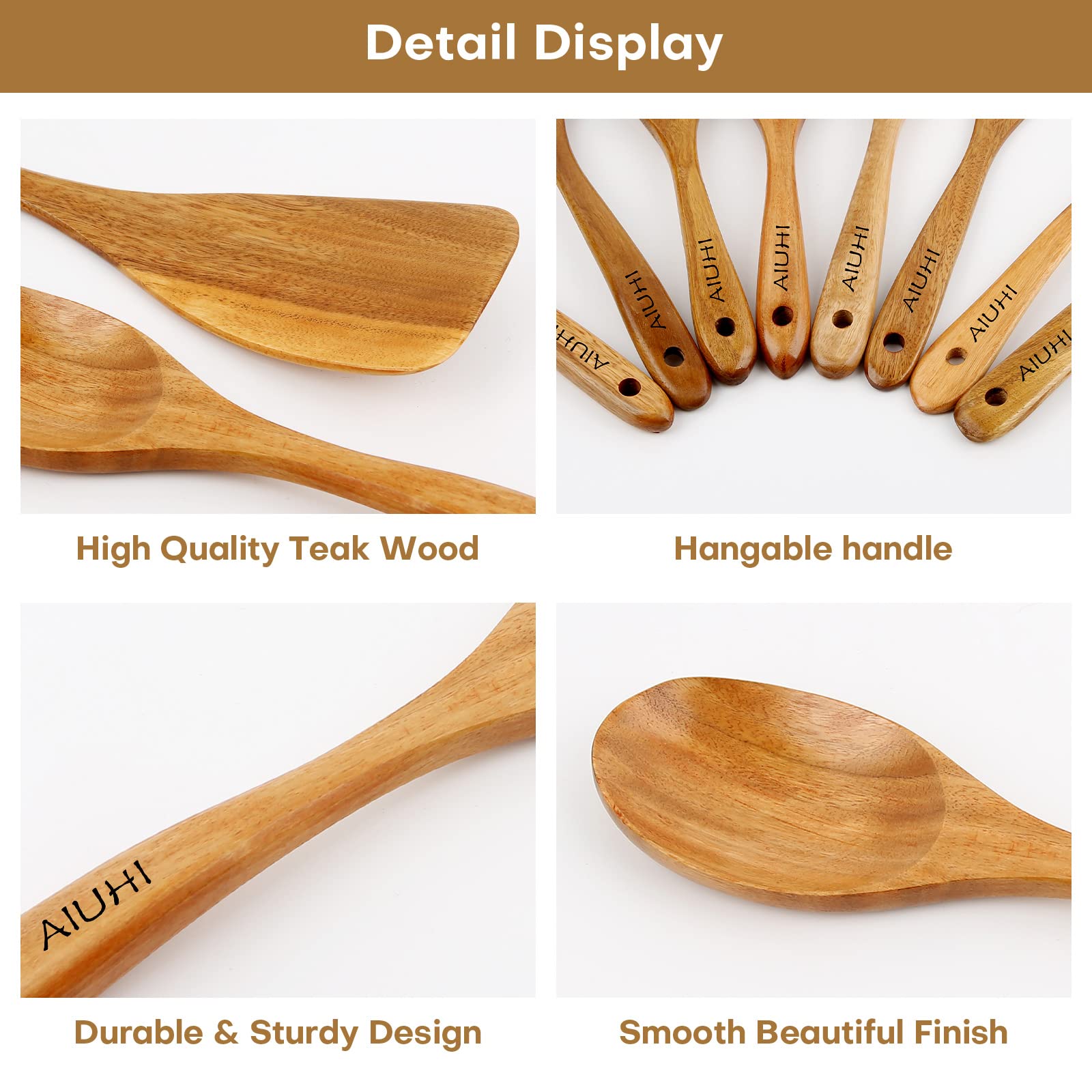 Wood Spoons For Cooking,Nonstick Kitchen Utensil Set,Wooden Spoons Cooking Utensil Set Non Scratch Natural Teak Wooden Utensils