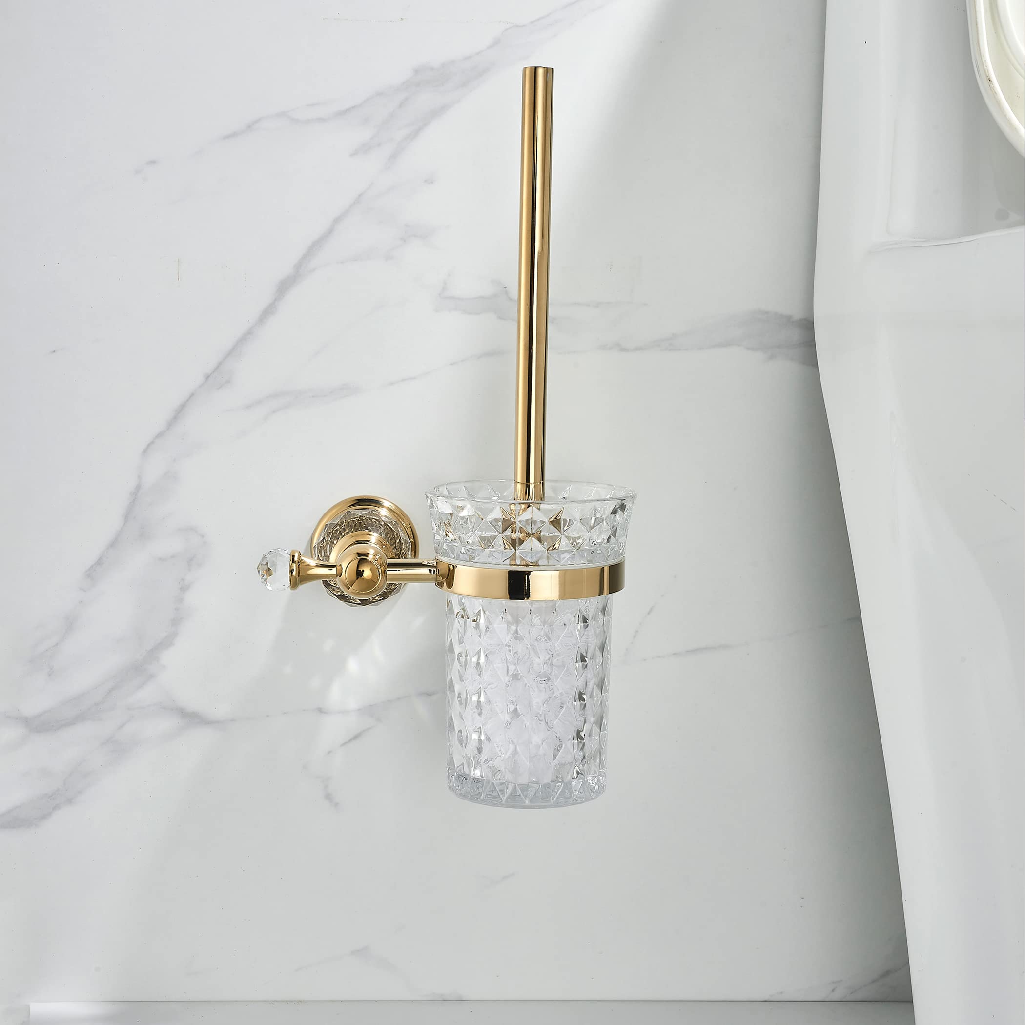 WOLIBEER Crystal Toilet Brush Holder  Polished Gold Brush Handle with Replaceable Brush Head  Stainless Steel Bathroom Cleaning Set Wall Mounted