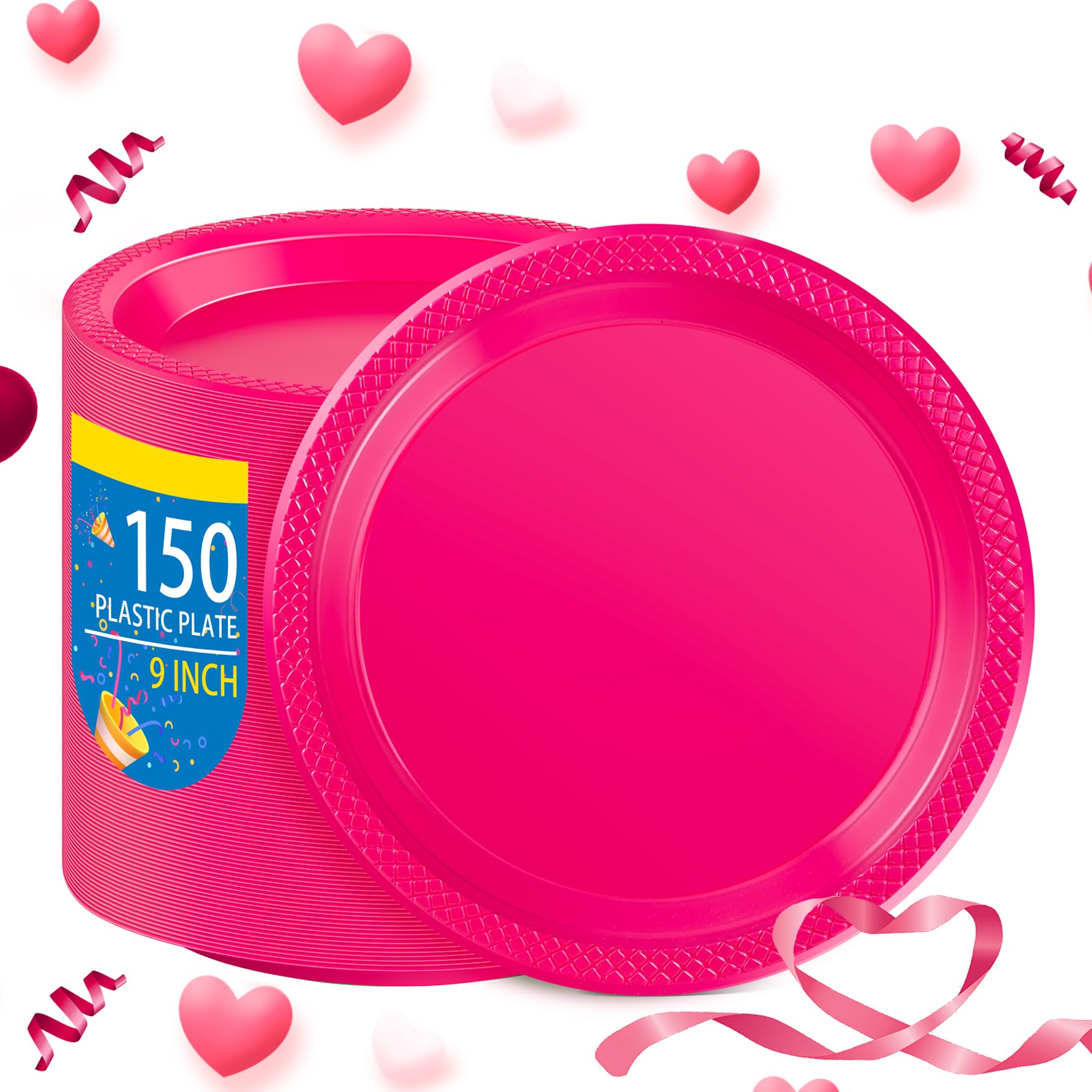 Wellife Hot Pink Party Plates 9 Inch -150 Count, Disposable Plastic Dinner Plates For Party Valentine'S Day Girls' Birthday Baby