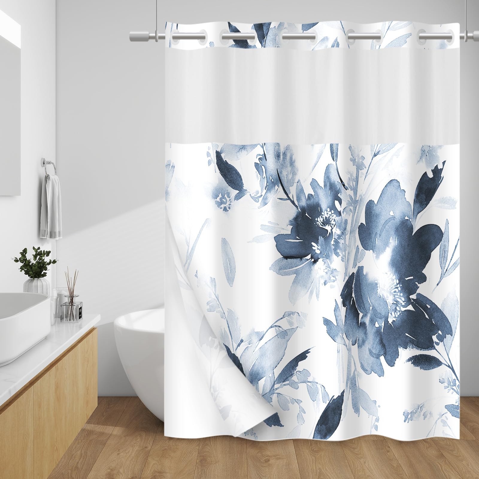 Withloc No Hook Shower Curtain With Snap In Liner - Floral Shower Curtain - Fabric Waterproof Inner Liner, Plants Navy Blue Flow