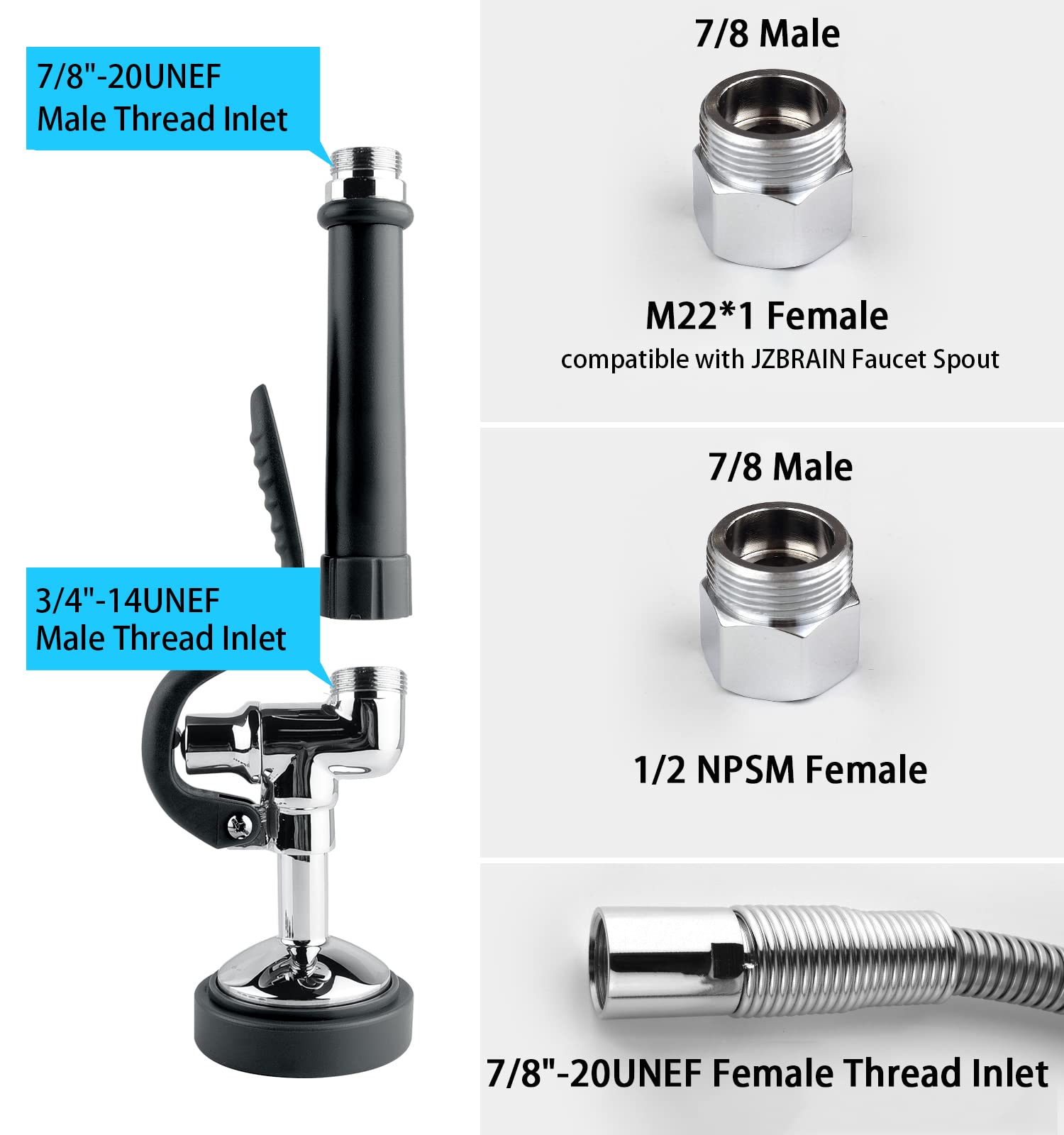 JZBRAIN Spray Valve with 45 inches Flexible Stainless Steel Hose High Pressure Pre Rinse Sprayer Nozzle Assembly for Commercial Kitchen Sink Faucet Wall/Deck Mount