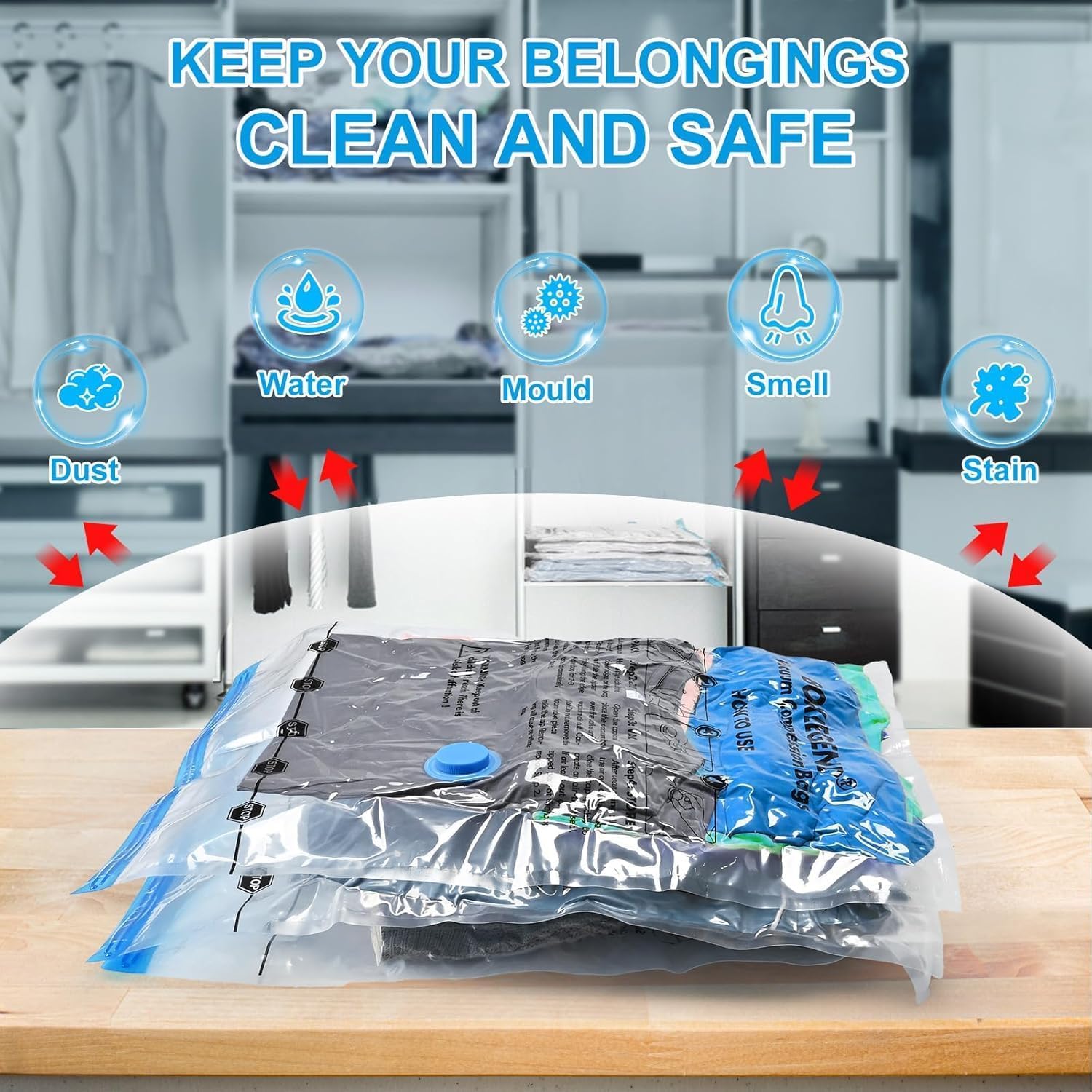 BoxLegend Vacuum Storage Bags 10 Combo Vacuum Pack Bags Space Saving Double Zipper Seal & Leak Valve Reusable for Clothes Pillow