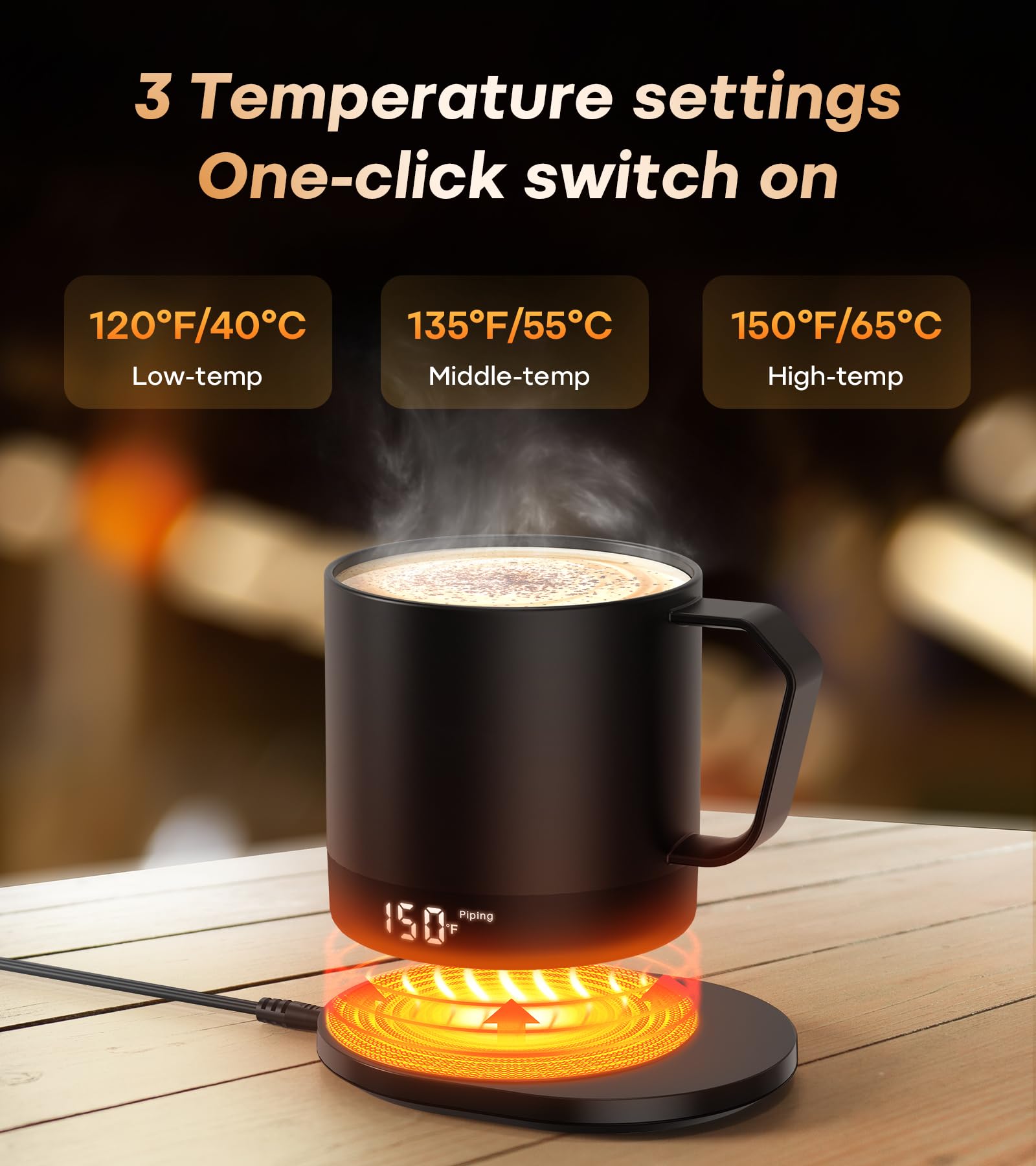 buuo Self Heating Coffee Mug - 14 Oz, Temperature Control, LED Display, Black, Premium Stainless Steel with Ceramic Coating