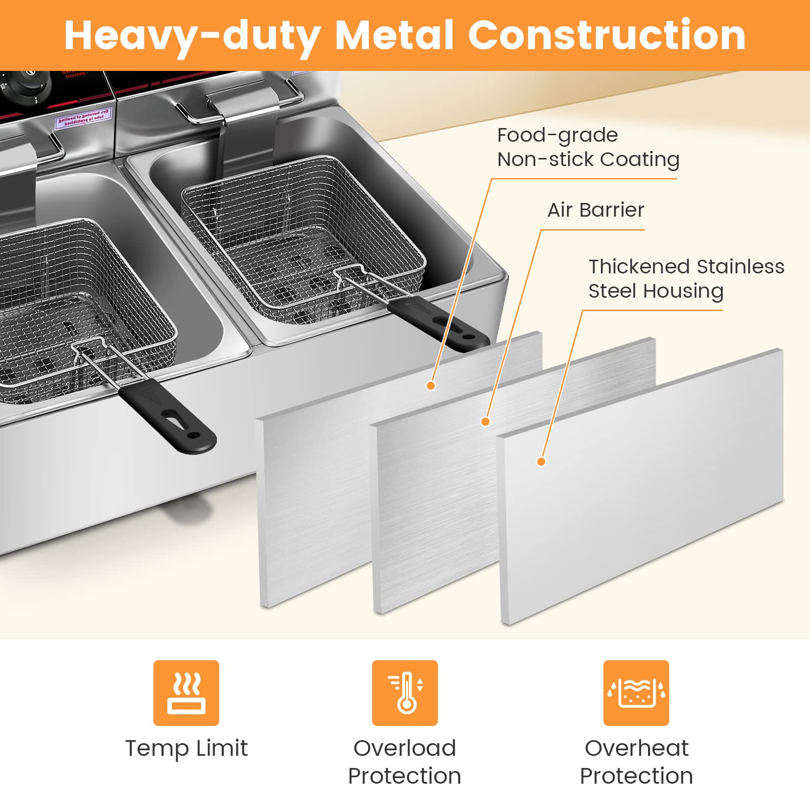 Costway Commercial Deep Fryer, 5000W Electric Countertop Fryer With Dual Large Tanks, 2 Baskets & 2 Lids, Stainless Steel Hot Oi