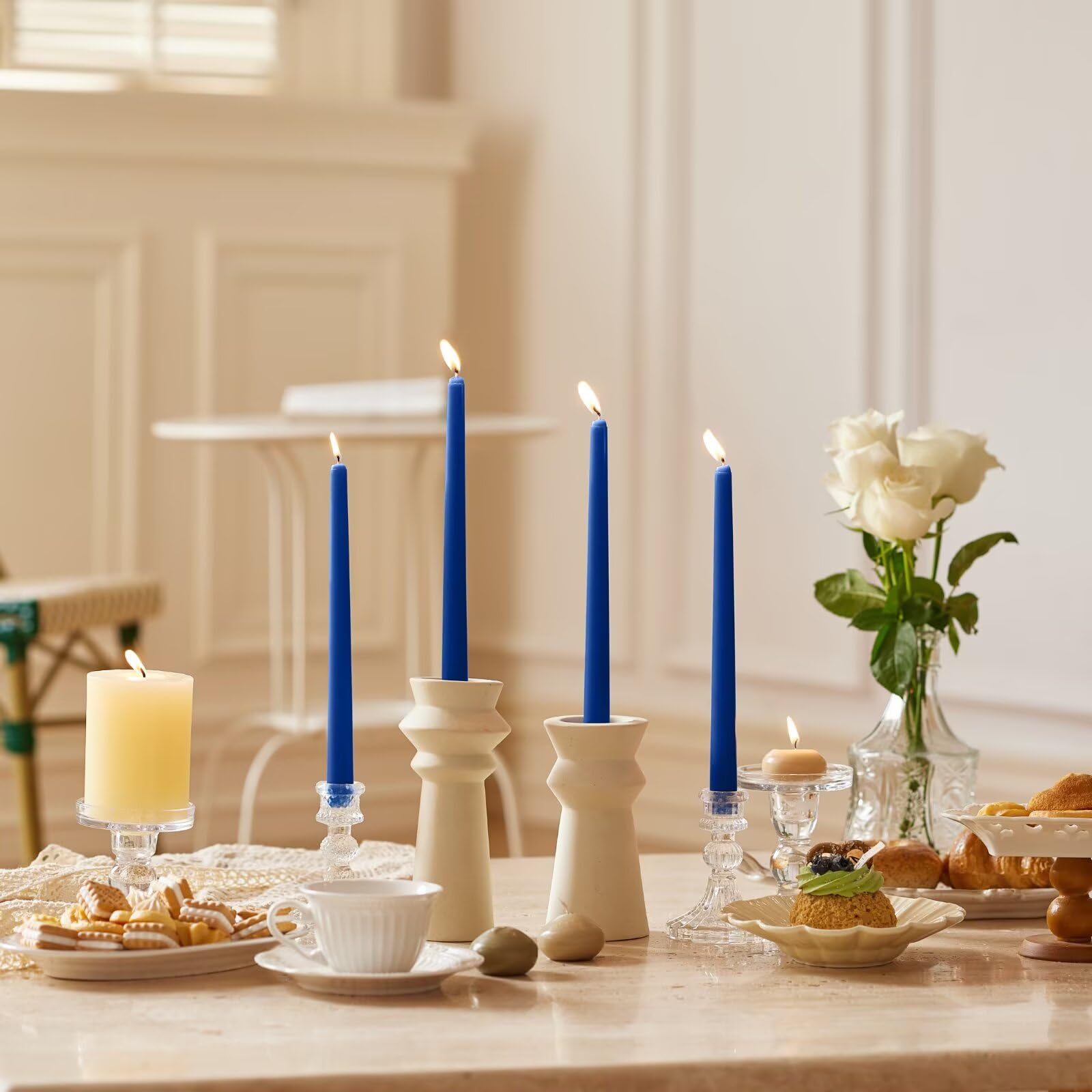 Pickood 10-Inch Tall Dripless Taper Candles Set of 4 - Classic Blue Tapered Candles, Perfect for Spring - Smokeless, Unscented,