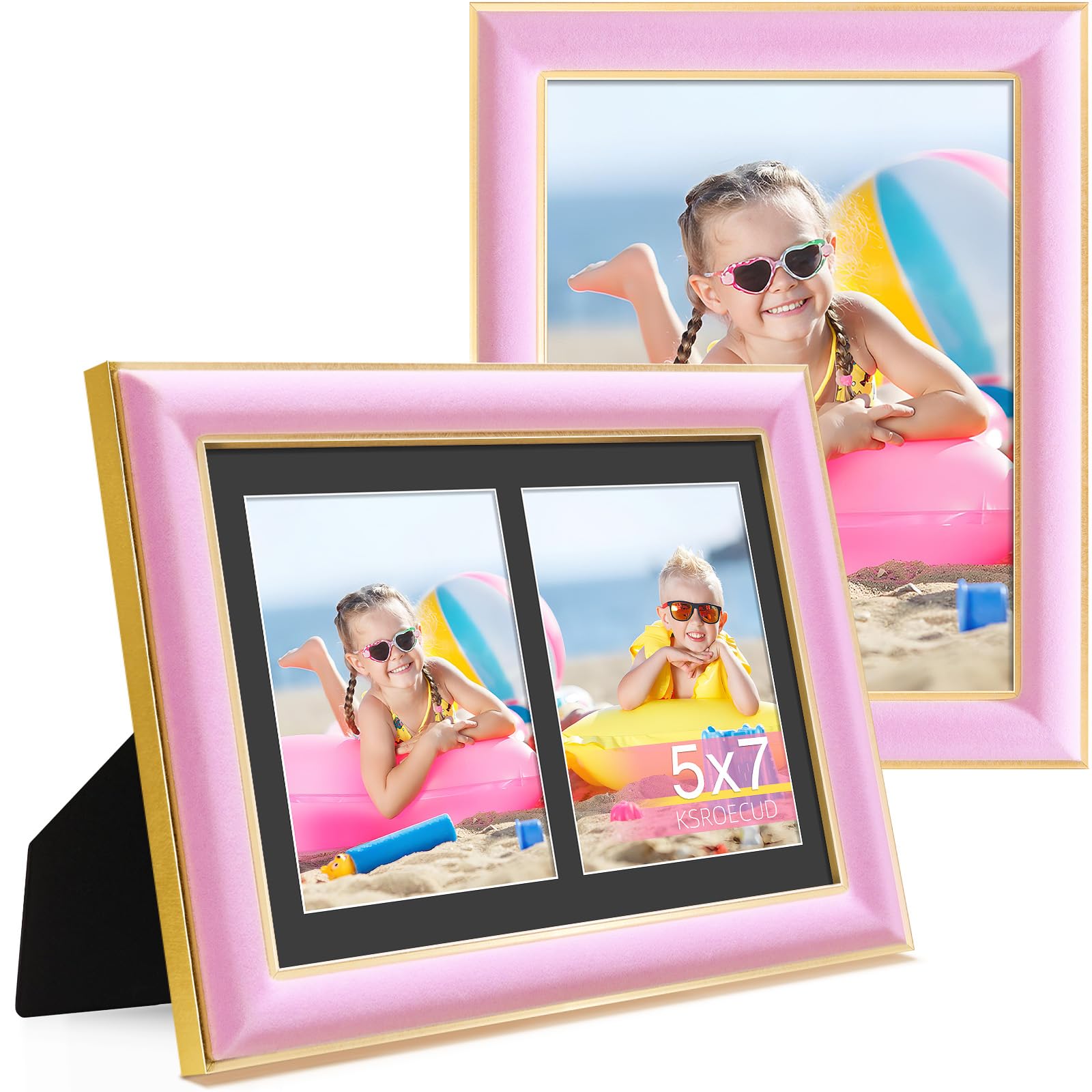 KSROECUD 8.5x11 Velvet Picture Frame with 2 Openings 5x7 Pictures, HD Real Glass Pink Velvet Photo Frame with Black White Border
