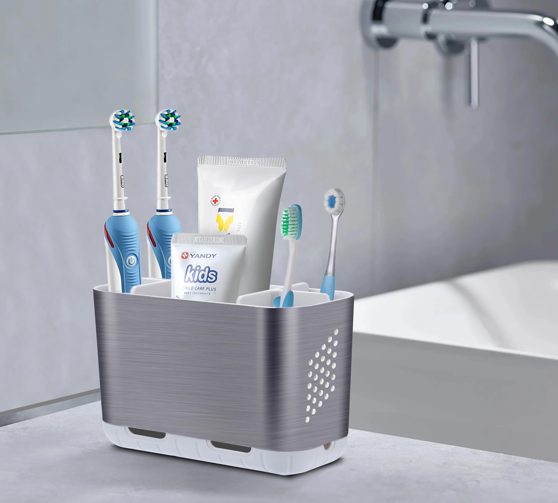 Lafara Toothbrush Holders For Bathroom Organizer Countertop, Detachable Anti-Slip Large Electric Toothbrush Holders, Brushed Nic
