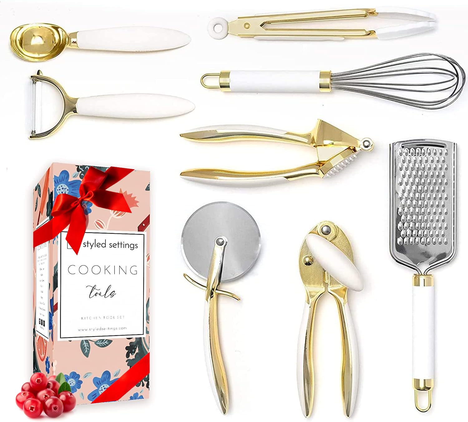 White & Gold Kitchen Tools And Gadgets - Luxe 8Pc Cooking Tools And Gadgets With Anti-Slip Handles, Gold Utensils Set, Gold Kitc