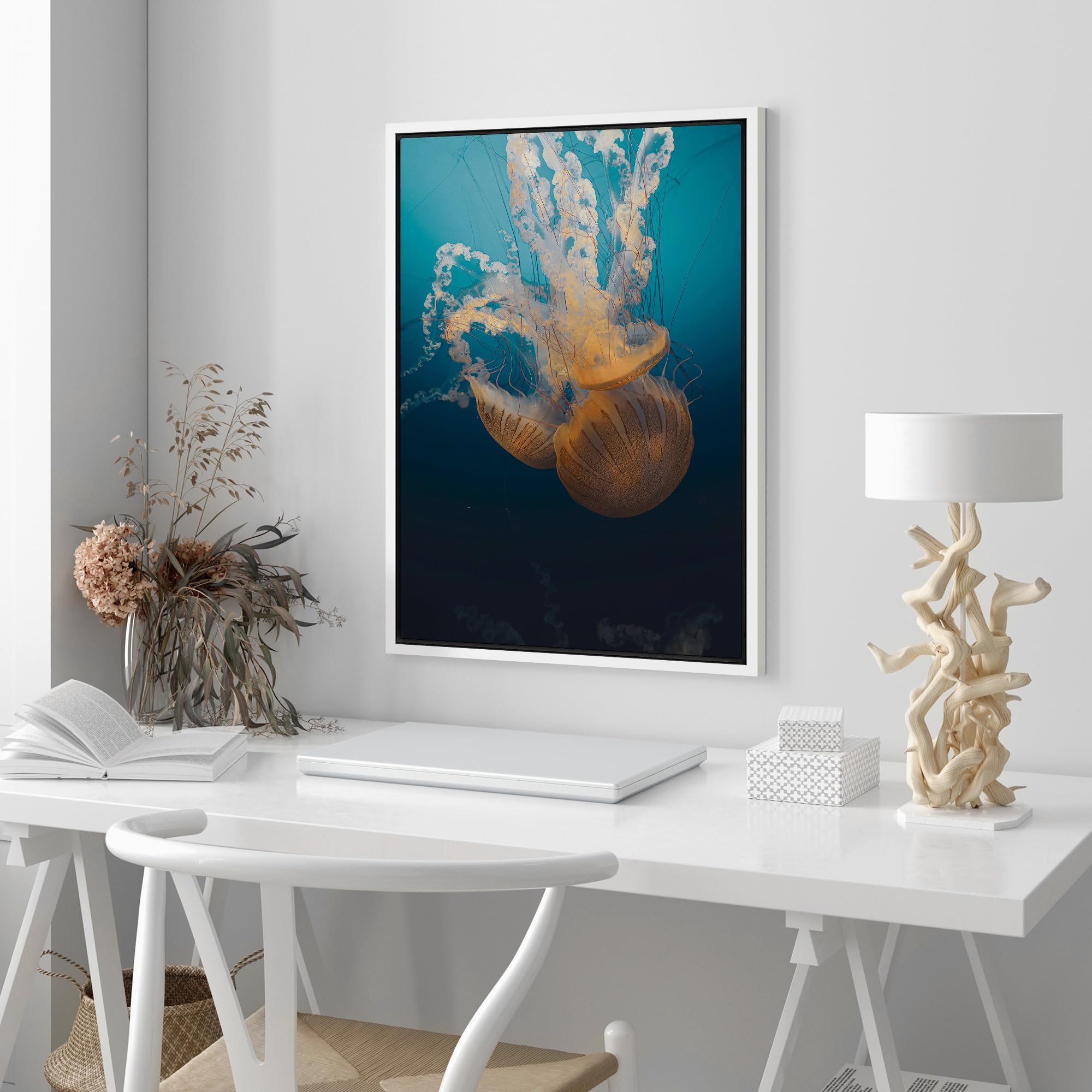 Wall26 Framed Canvas Print Wall Art Jellyfish Floating In Deep Blue Ocean Animals Photography Realism Rustic Scenic Landscape Wi