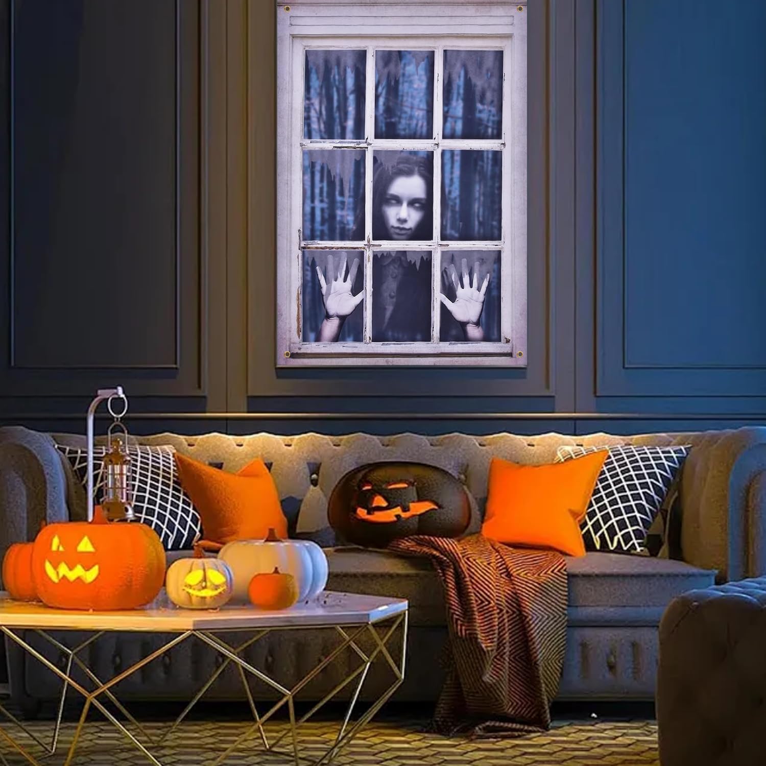 Ghost Halloween Decor - White Eyes Window Silhouette Curtains for Door, Wall - Scary Indoor/Outdoor Decor (Female Ghost)