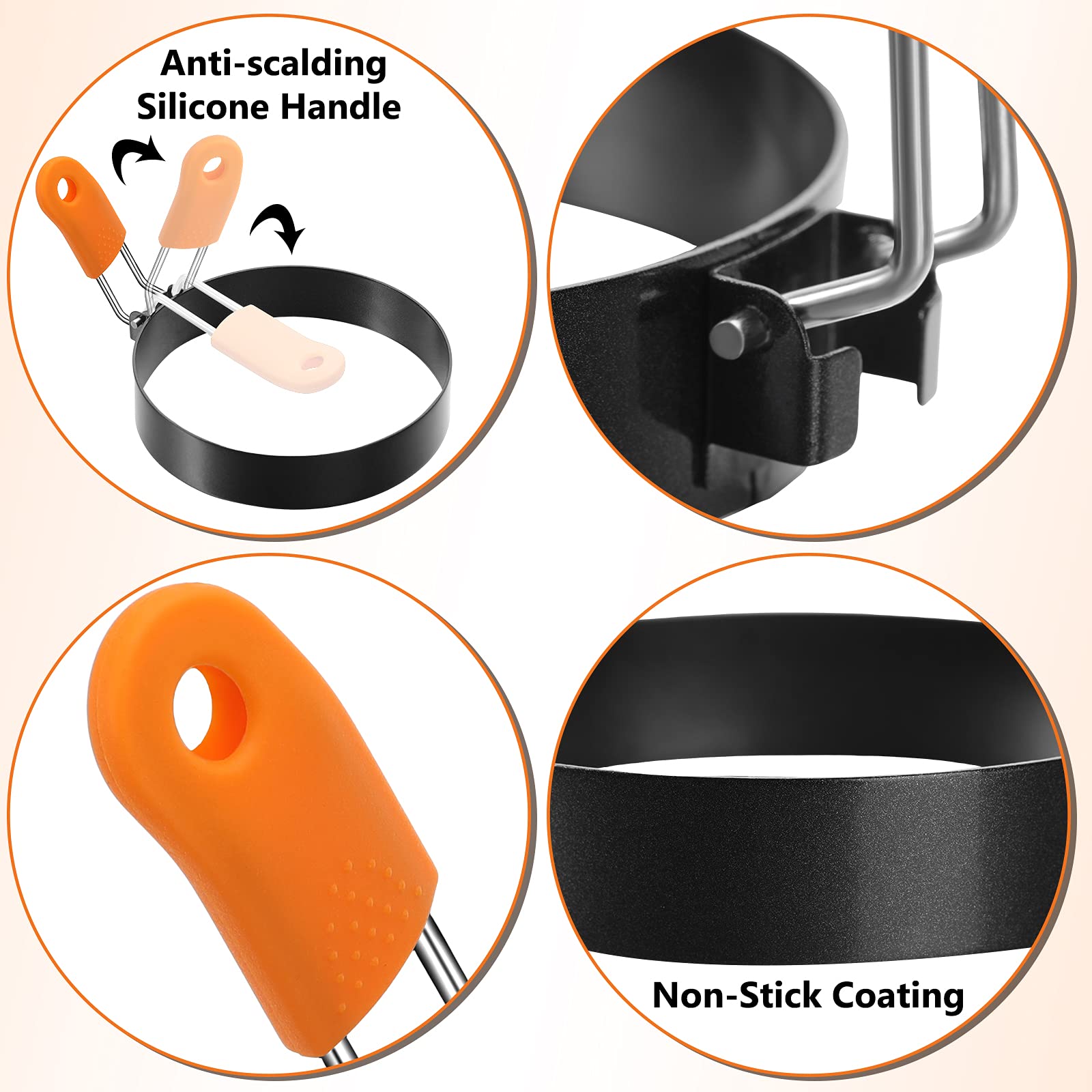 6 Pcs Professional Egg Ring Pancake Ring Set Stainless Steel Fried Egg Ring Griddle Pancake Shapers With Orange Silicone Handle