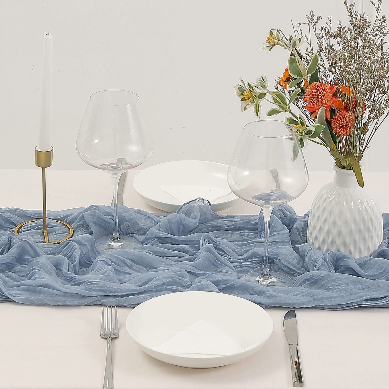 Dolopl 8Pcs Dusty Blue Cheesecloth Table Runner Bulk 13.3Ft Boho Gauze Cheese Cloth Table Runner Rustic Sheer Runner 160Inch Lon