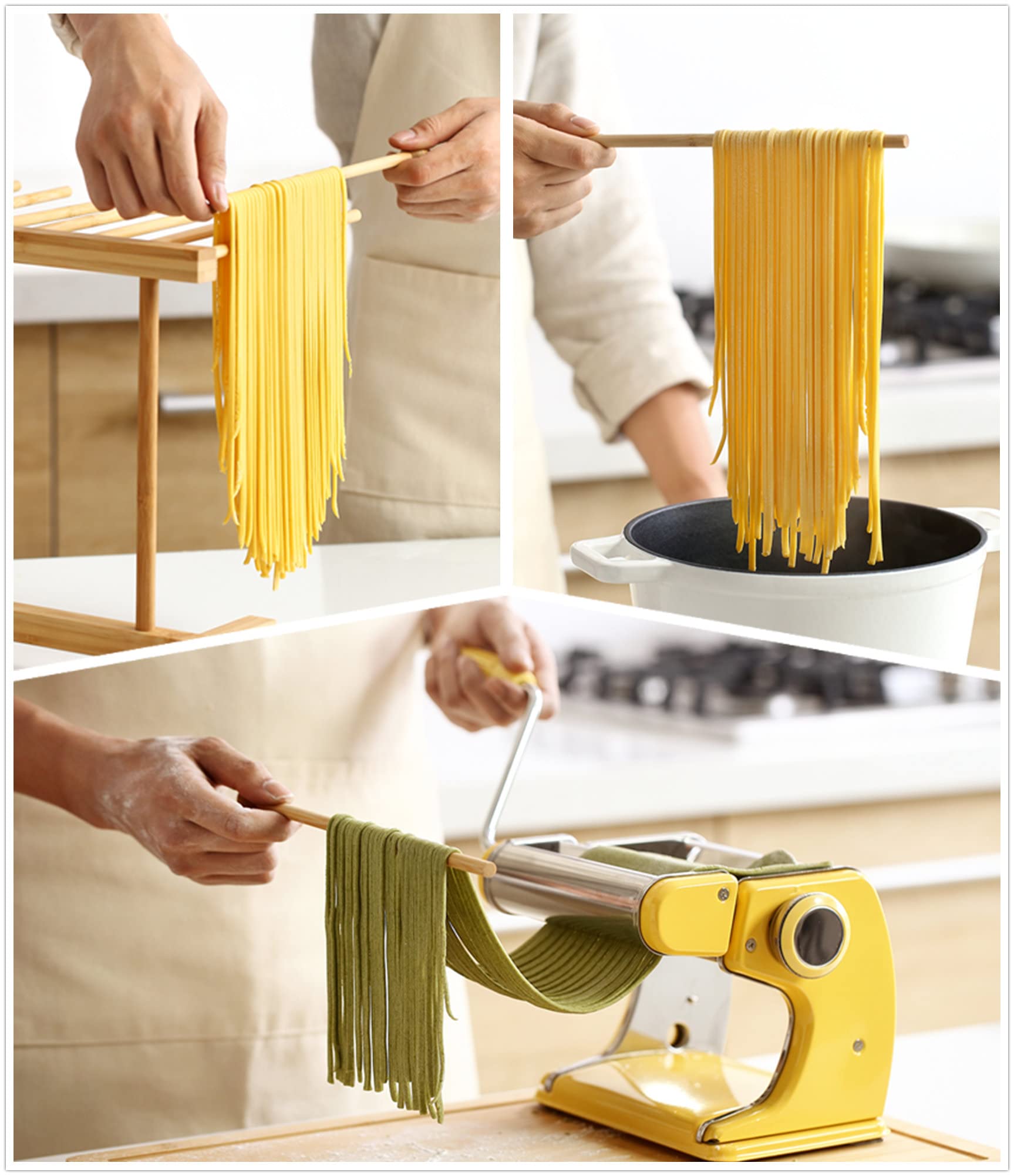 8SOM Bamboo Pasta Drying Rack with 8 Bars and Transfer Wand, Easy to Transfer for Drying Pasta and Cooking, Special Suspension D