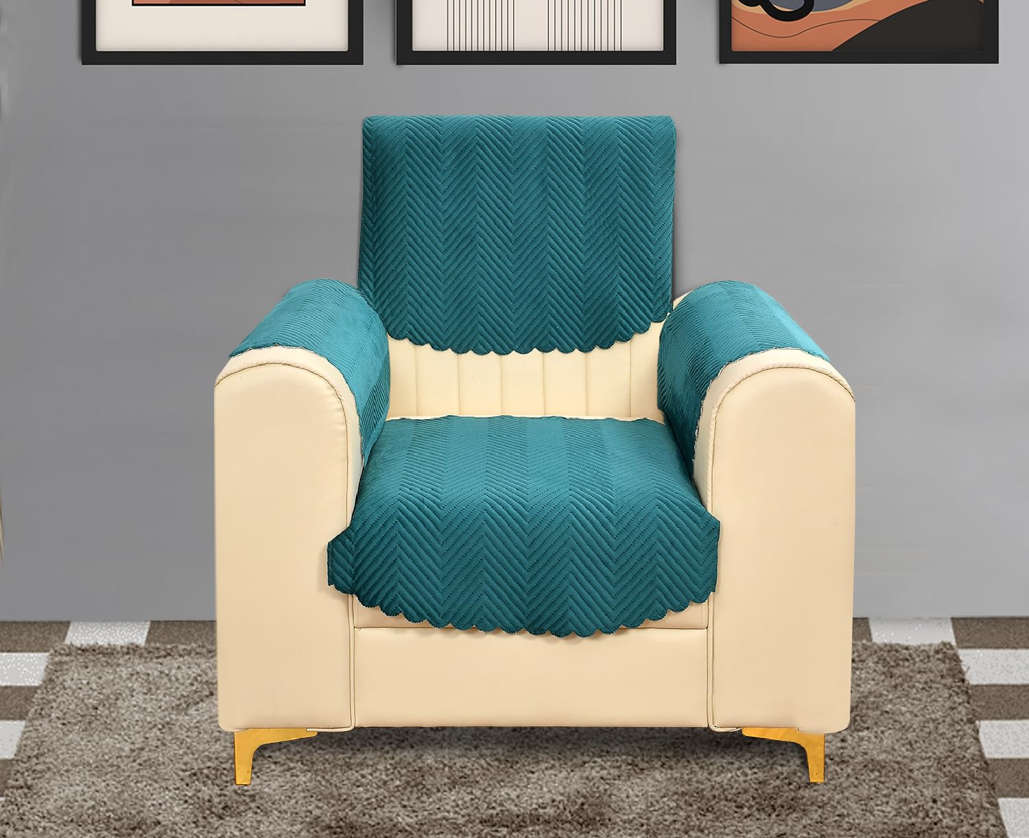 Yellow Weaves Velvet 1 Seater Quilted Sofa Chair Cover With Arm Cover, Seat & Back Cover, Color - Teal Blue