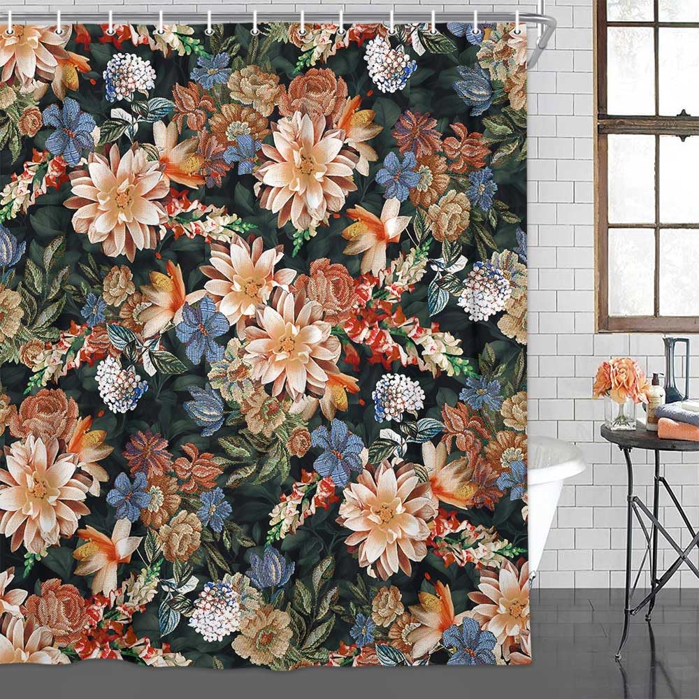 Drgilau Floral Shower Curtain, Vintage Floral Shower Curtain Set Blue Flower Plants Bathroom Curtain, Boho Floral Shower Curtain