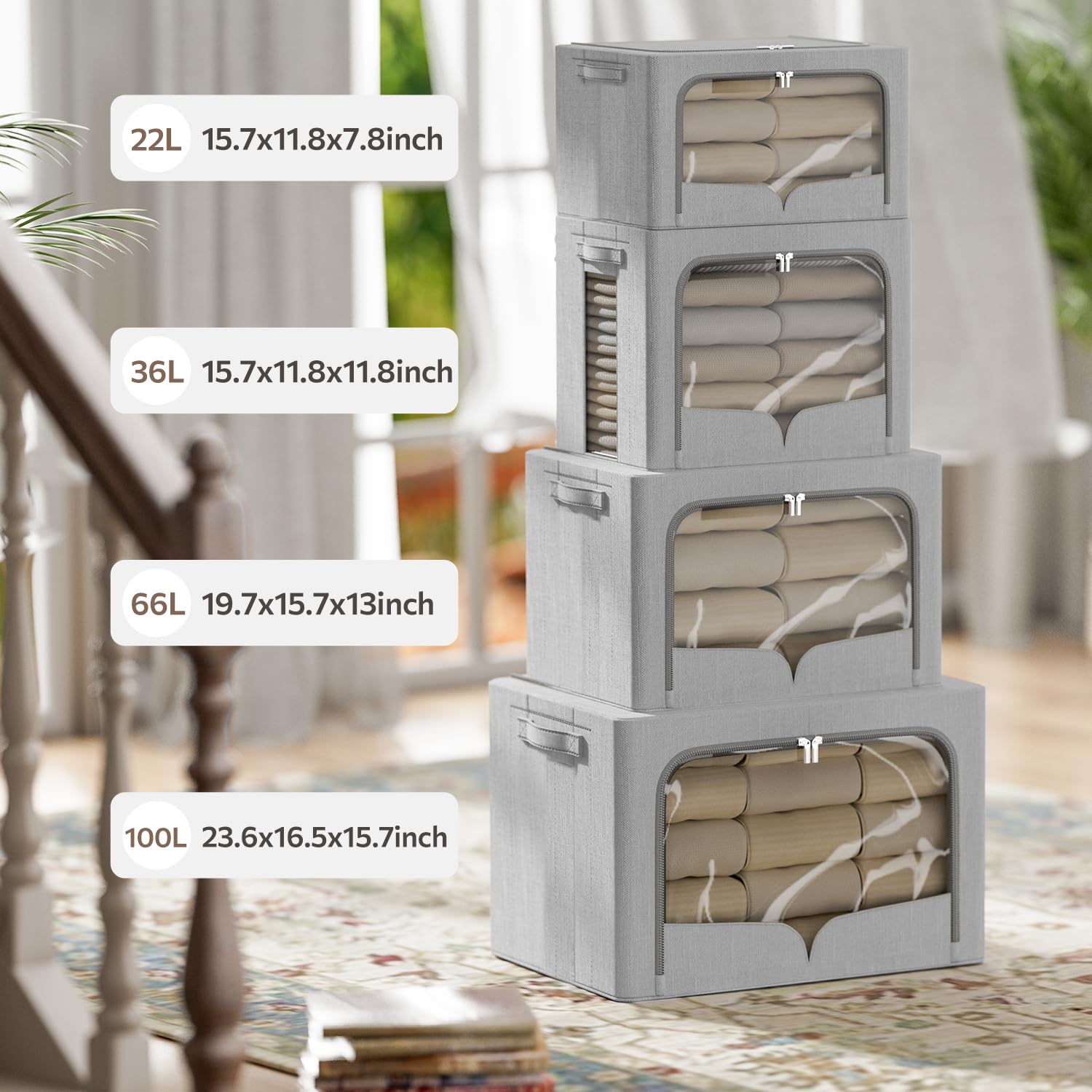 3 Pack Clothes Storage Bins - Foldable Metal Frame Storage Box - Extra Large Stackable Linen Fabric Organizer Set with Carrying