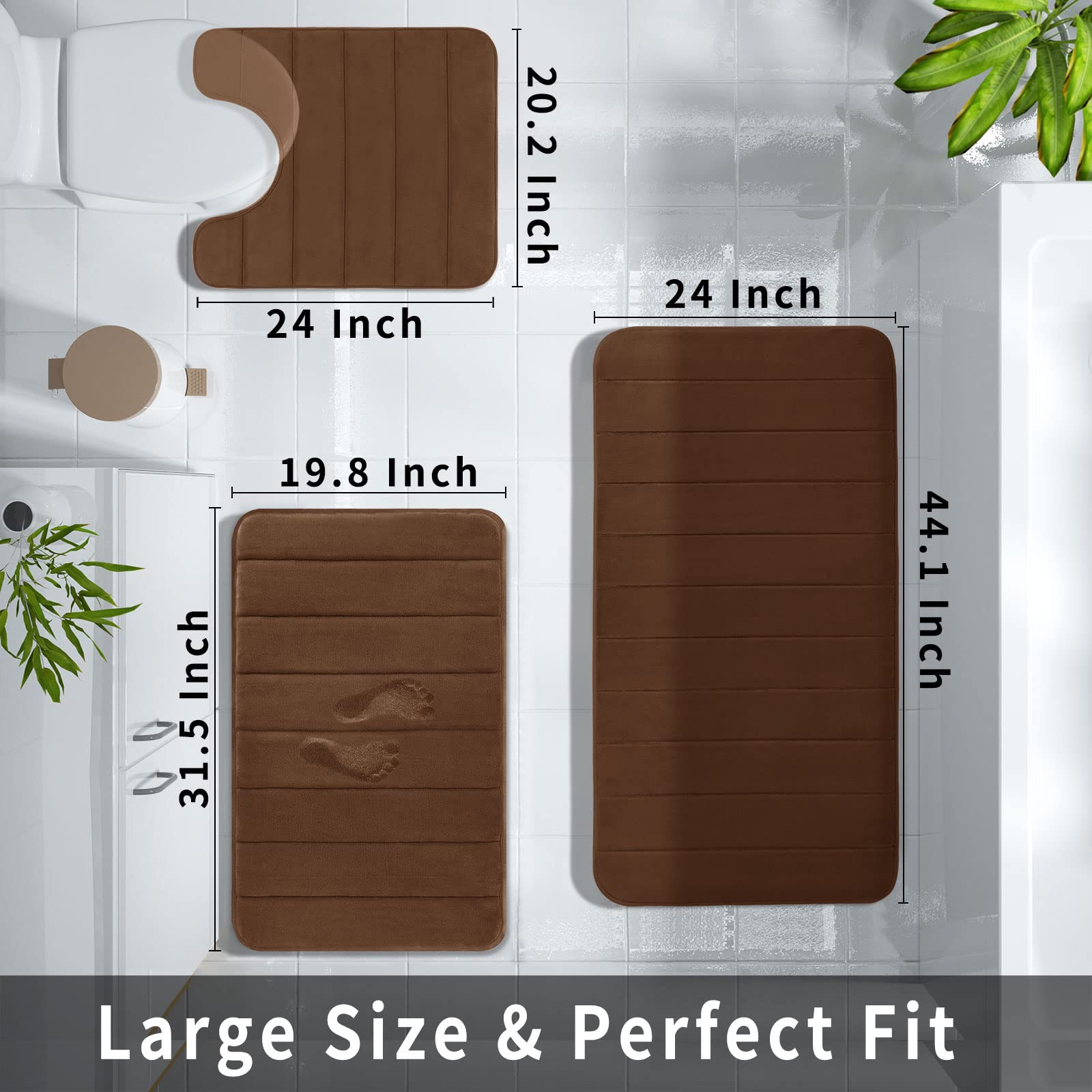 Yimobra 3 Pieces Memory Foam Bath Mat Sets, 441X24 + 315X198 And U-Shaped For Bathroom Rugs, Toilet Mats, Non-Slip, Soft Comfort