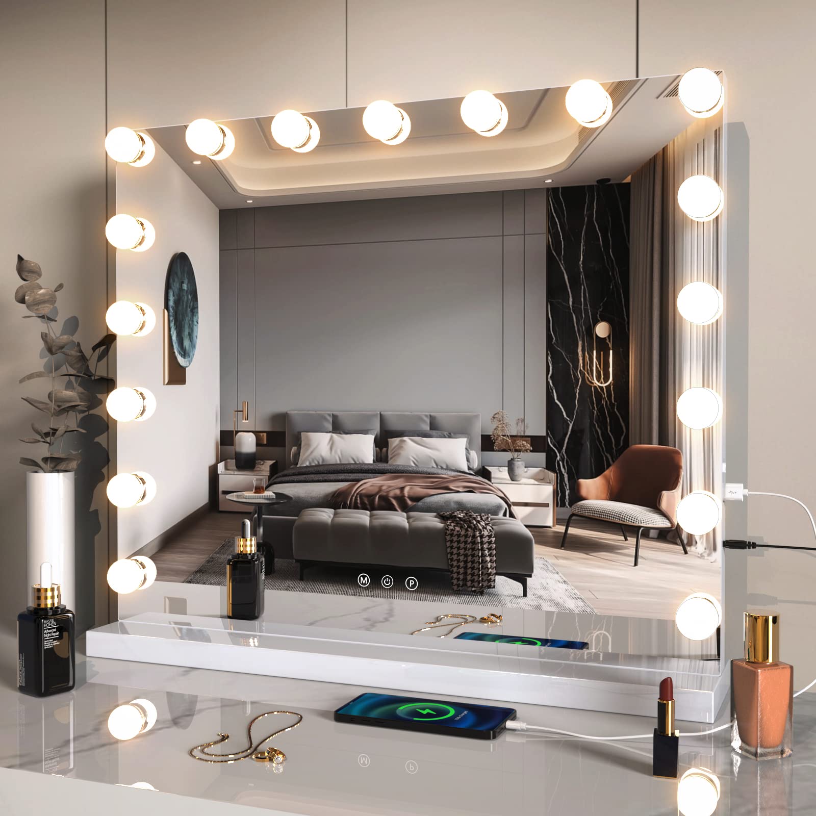 Zl Zeling Vanity Mirror Makeup Mirror With Lights,23.6'' X 19.6''Large Tabletop Light Up Mirror With 17Bulbs,10X Magnification,U