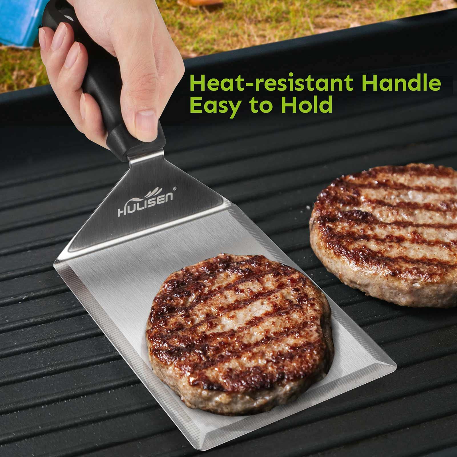 HULISEN Stainless Steel Large Grill Spatula - 6 x 5 Inch Heavy-Duty Metal Spatula with Cutting Edges  Kitchen Griddle Accessories  Smashed Burger Turner Scraper for BBQ Grill and Flat Top Griddle