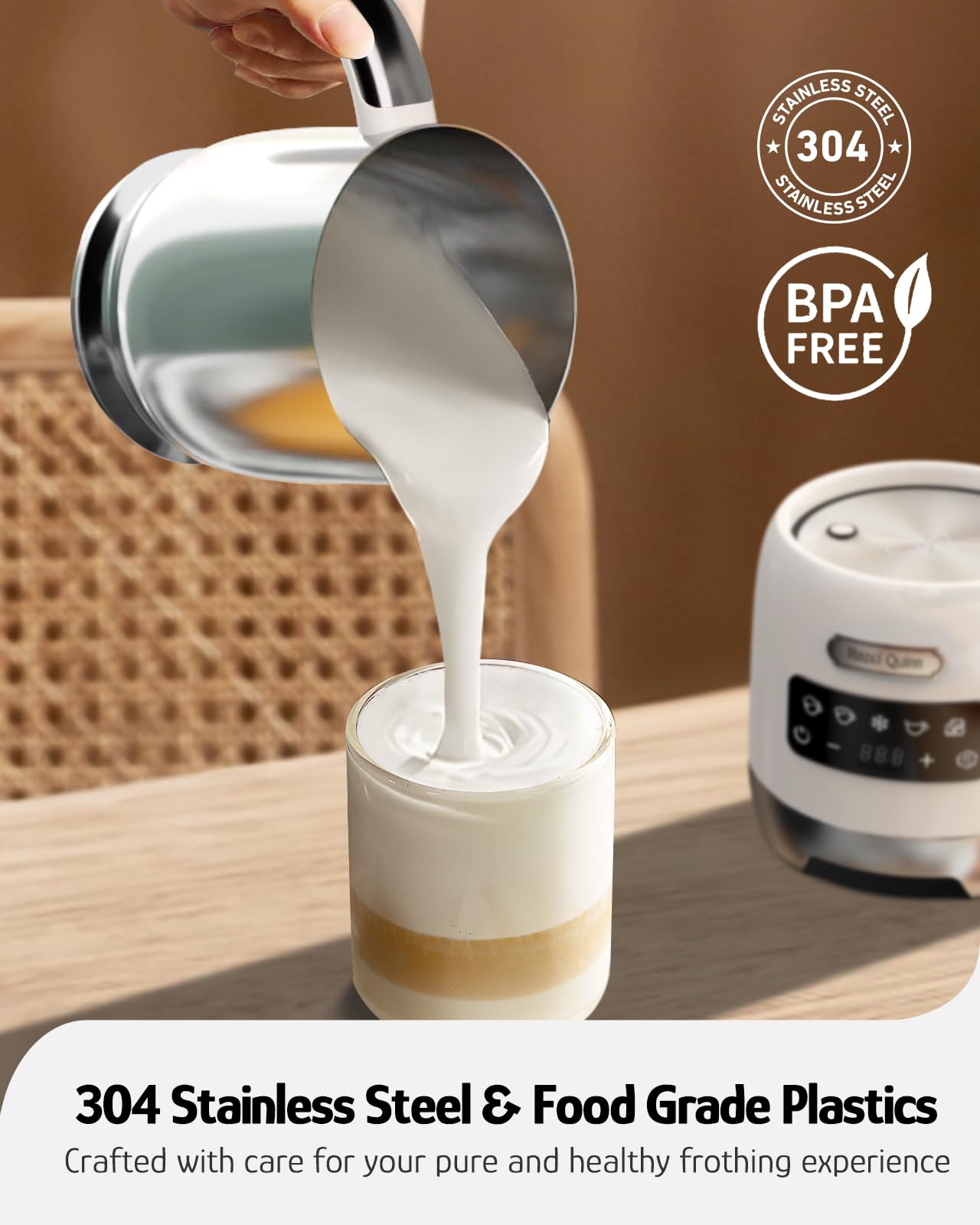 Hazel Quinn Milk Frother - 5 Functions, 400ml, Stainless Steel, Pearl White, Model XQP001, Dishwasher Safe for Hot & Cold Beverages