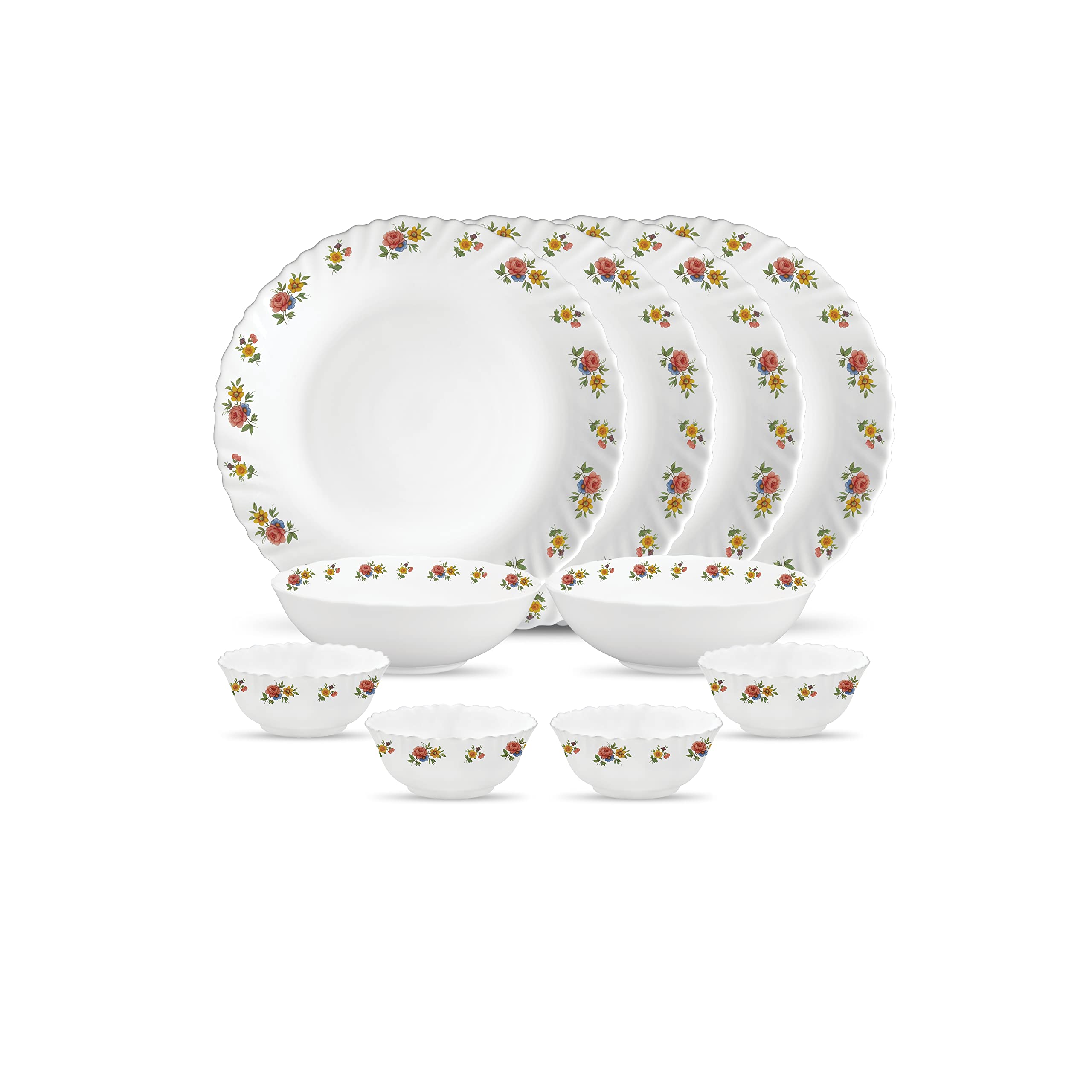 La Opala Novo Collection Opal Glass Crockery | For Family Of 4 | Dinner Set 10 Pcs Petite Roses | Plates & Bowls For Dining | Mi